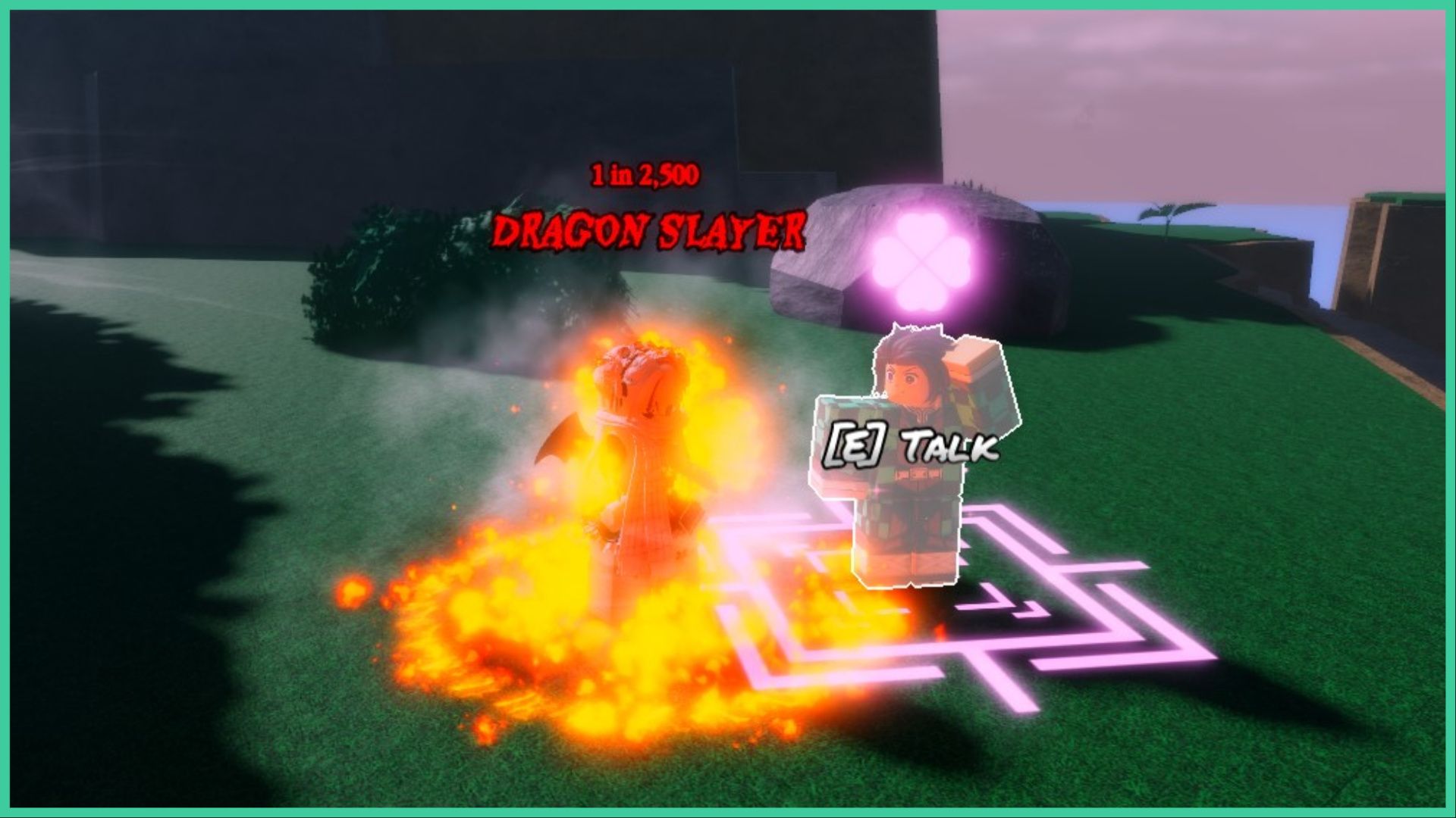 feature image for our anime roulette dragon ball guide, it's a screenshot of a roblox player with flames around them while wearing a scarf and the 'dragon slayer' title above them as they stand on a hill next to an NPC who looks like Tanjiro from Demon Slayer with pink lines under his feet and a pink clover symbol above his head