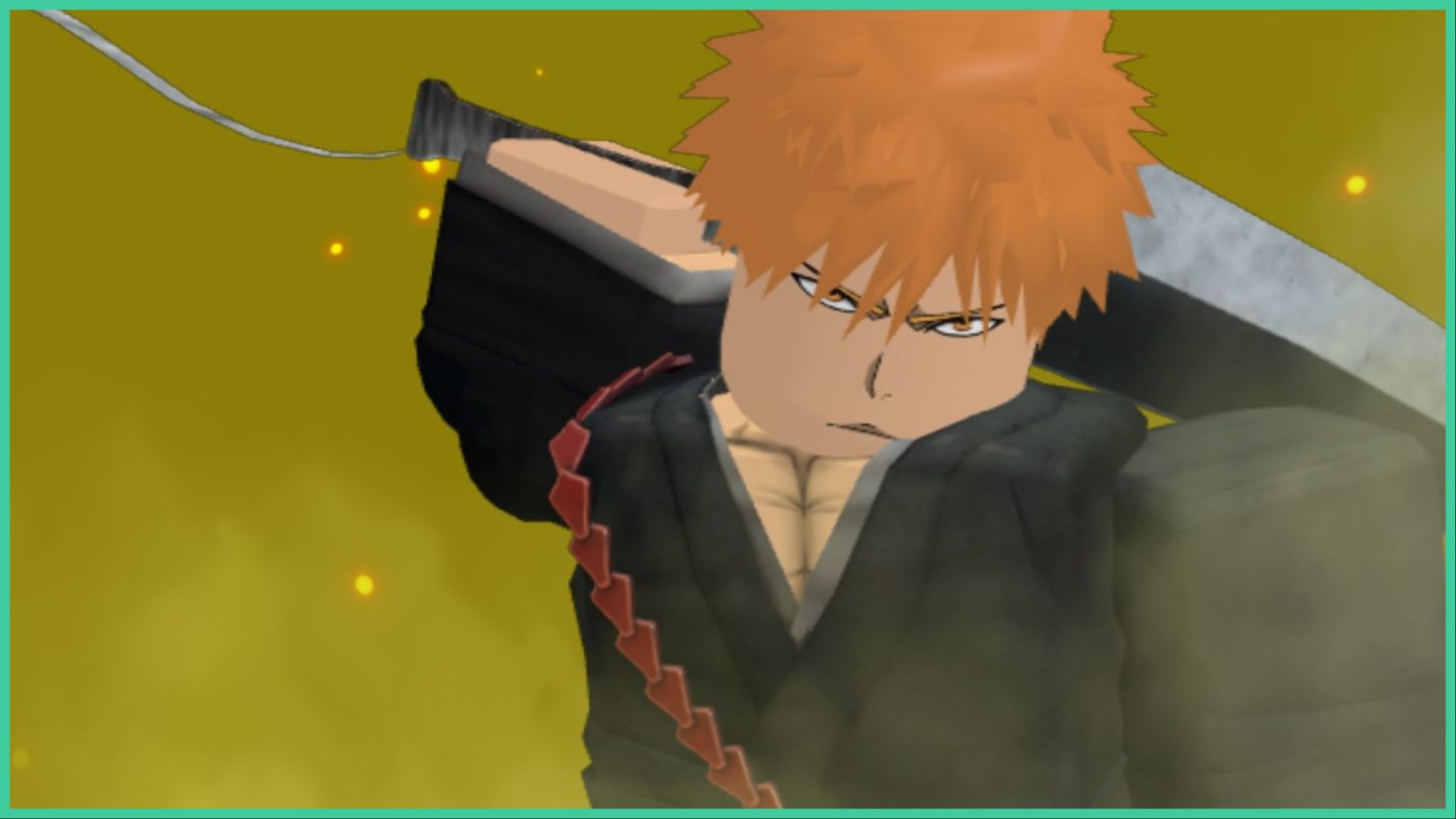 feature image for our anime switch tier list, the image is a screenshot of the ichigo unit, which is based on ichigo from bleach, he has a scowl on his face, while he wears his usual outfit, and holds his sword over his shoulder, the bandage wrapped around it flying in the breeze, there are embers floating behind him