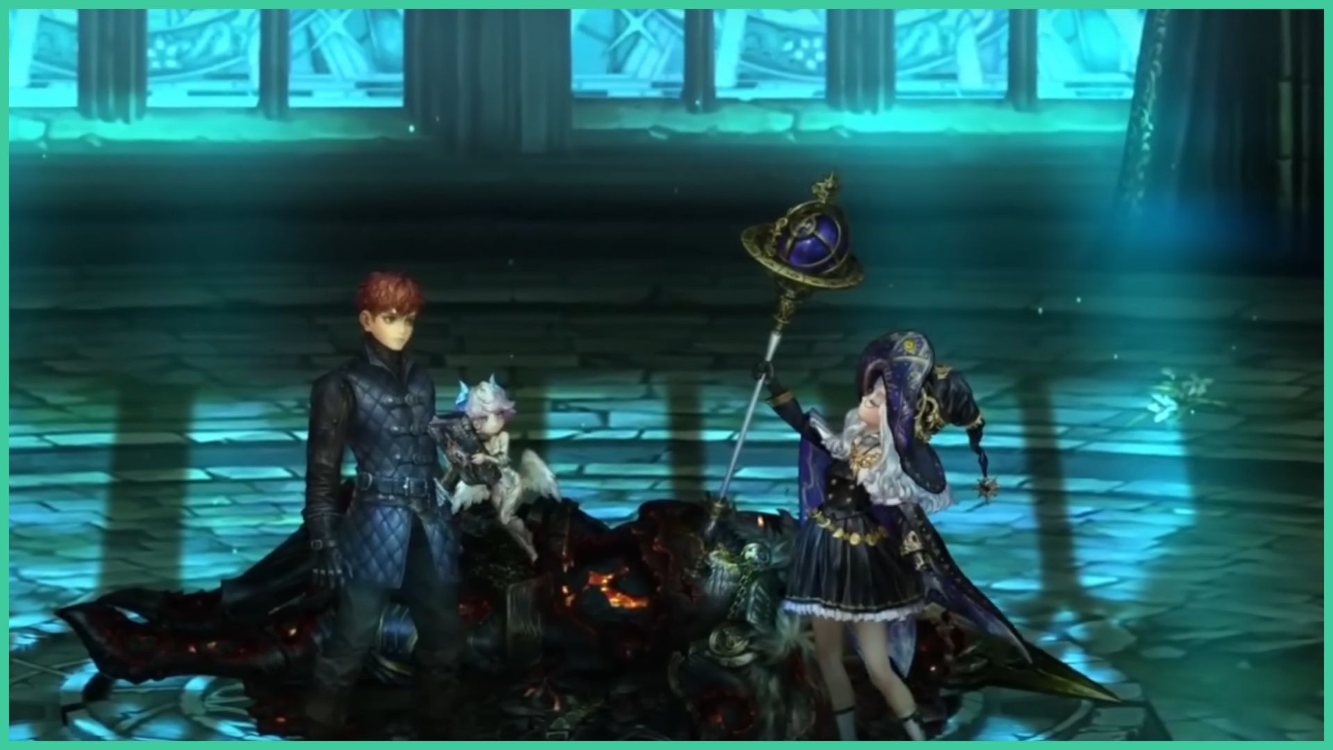 feature image for our astra knights of veda characters guide, the image is a screenshot from the game's trailer of xanthia the mage lifting her staff up as a male character stands to the left with a floating fairy holding a book, there is a defeated monster on the ground as specs of light float around the room and blue lights pours through the large windows