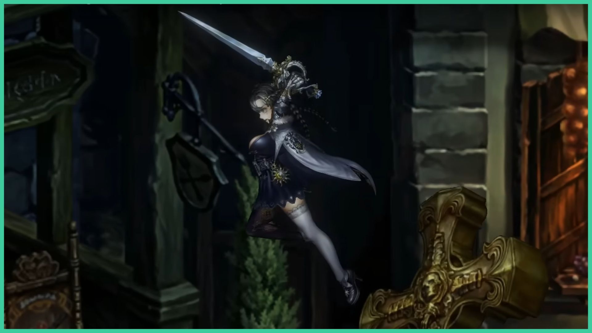 feature image for our astra knights of veda codes guide, the image is a screenshot from the game's trailer of a female knights jumping high into the air as she prepares to slam down with her sword