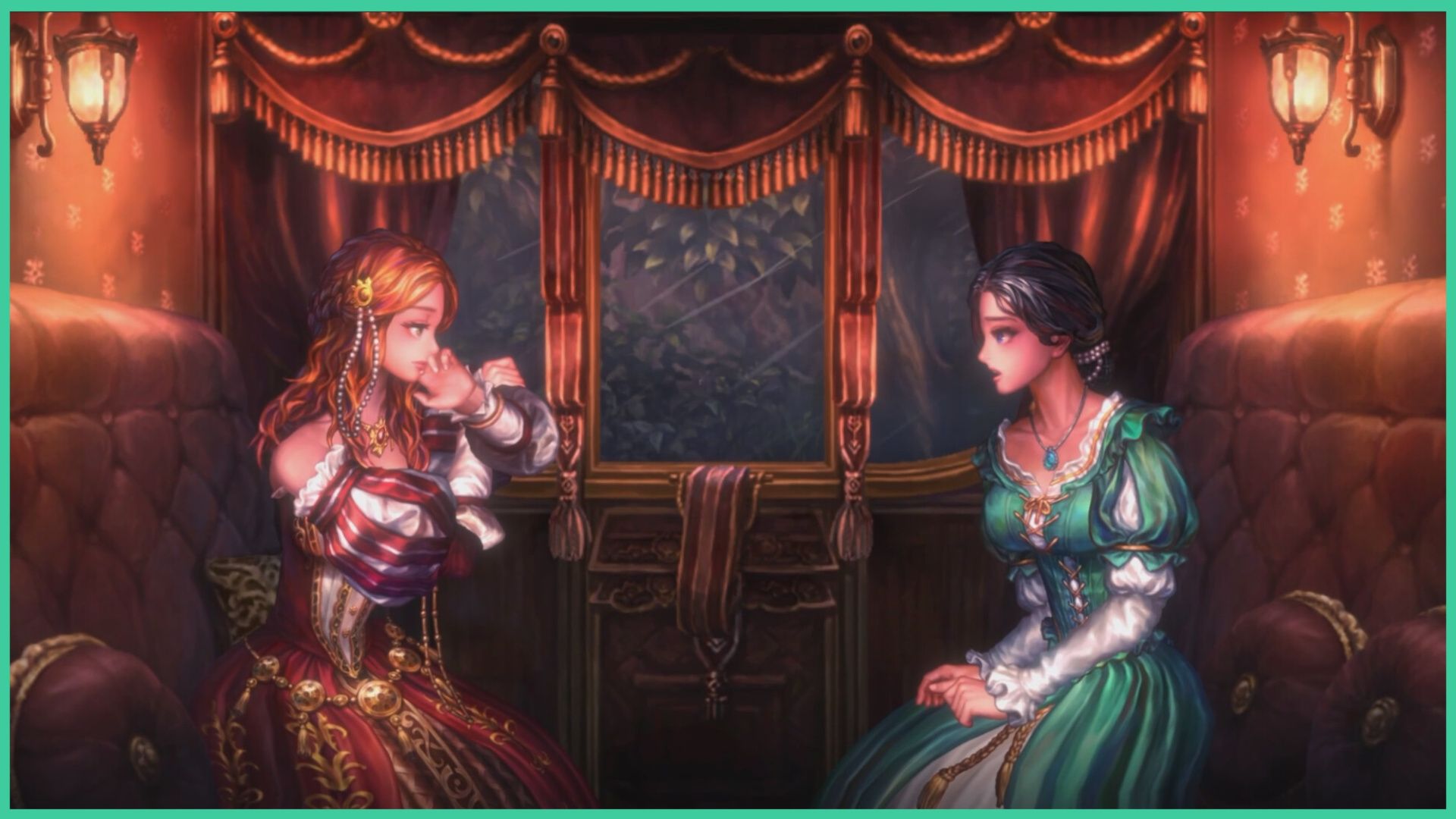 feature image for our astra knights of veda tier list, the image is a promo shot for the game of 2 female characters sat inside a carriage talking to each other, the character on the right looks distressed as she speaks, while the other rests her chin on her hand