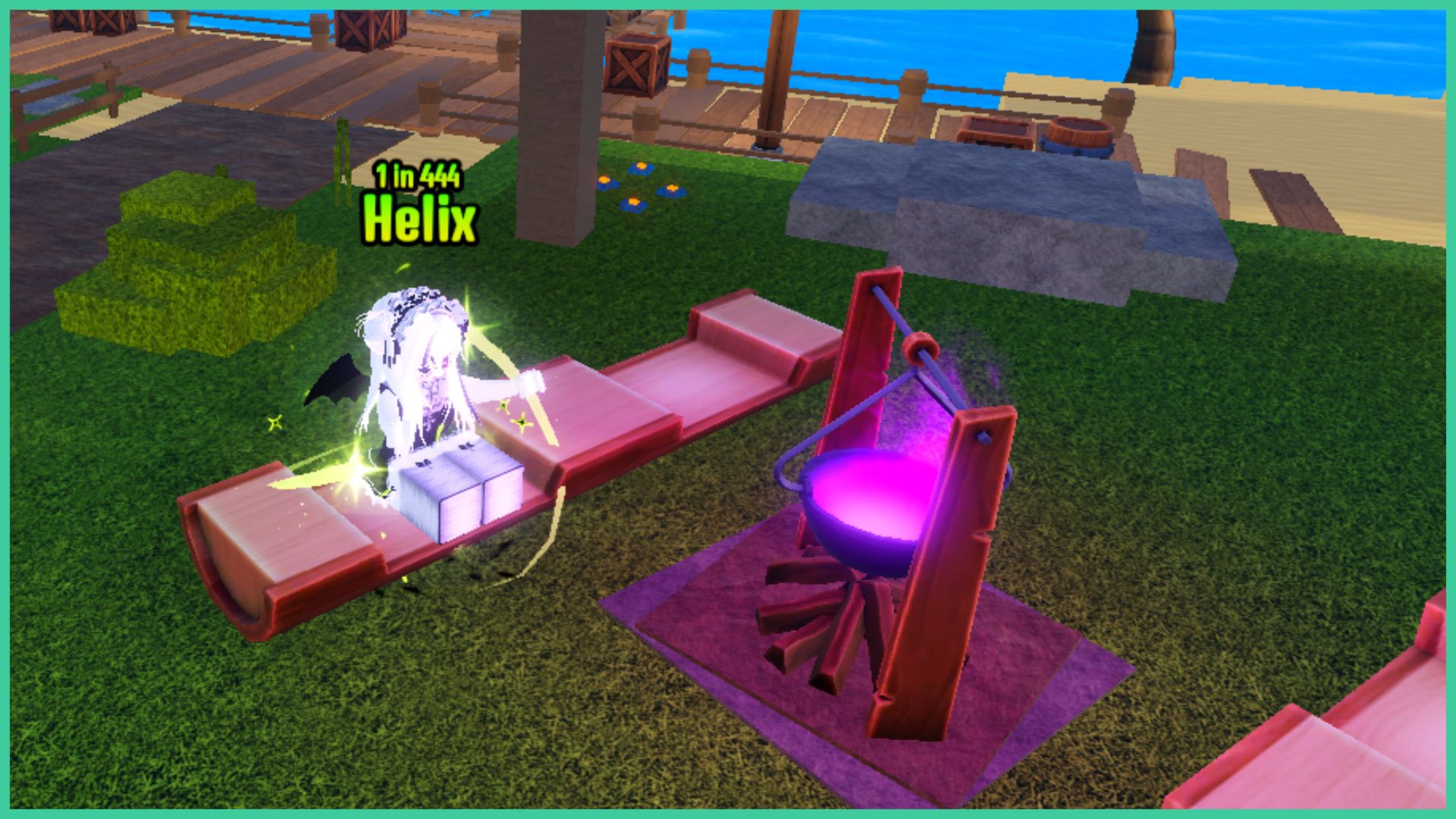feature image for our aura rng codes guide, there is a roblox player with a glowing green aura with stars equipped as they sit on a bench in front of a small cauldron filled with blowing purple smoke, there is a wooden deck close by that leads to the sea