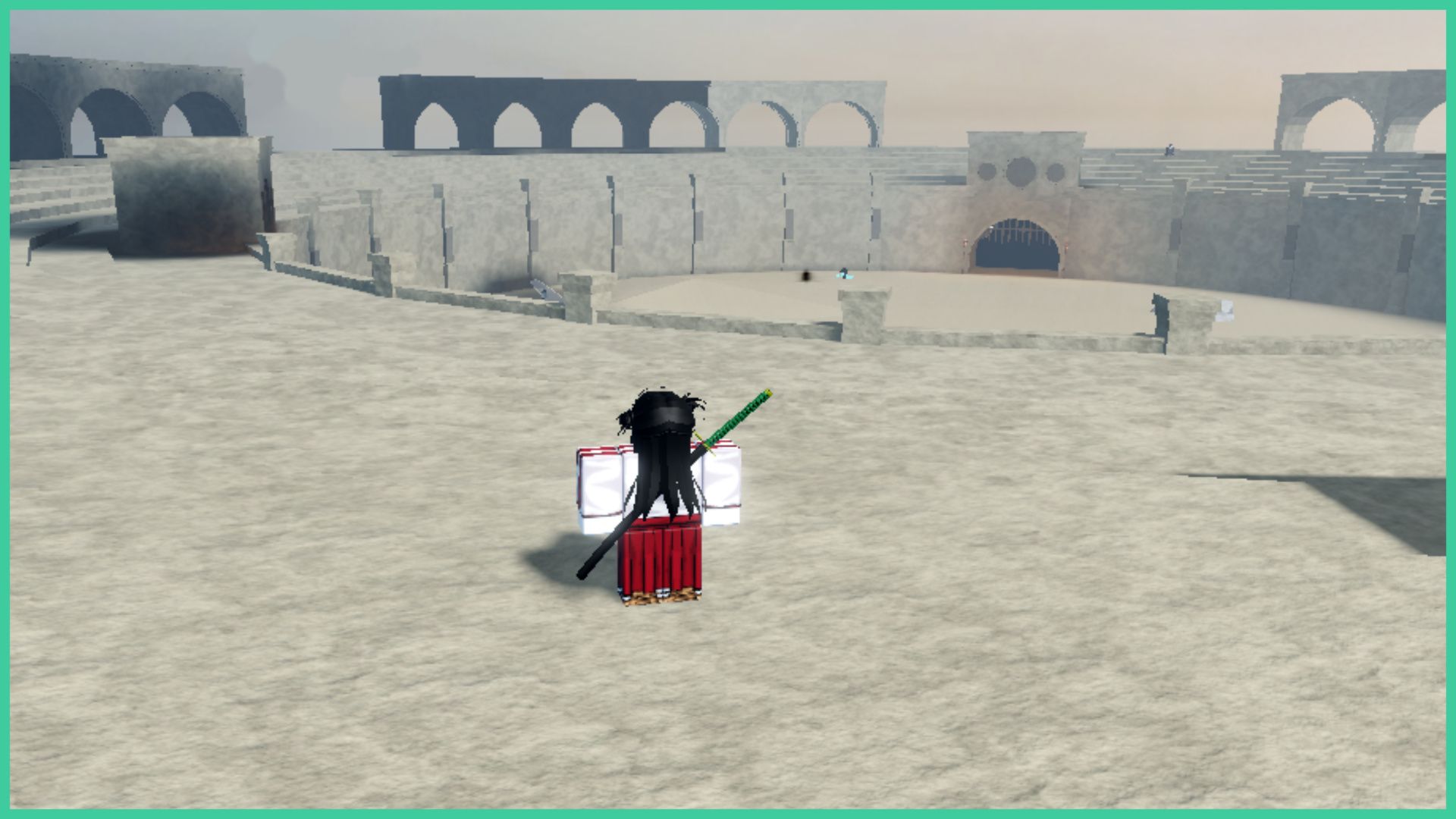 feature image for our best cero path type soul guide, the image is a screenshot of a roblox player with a katana on their back looking out over the colloseum arena, with a tunnel entranceway in the distance with the metal gate lifted, there are players battling in the main area of the arena