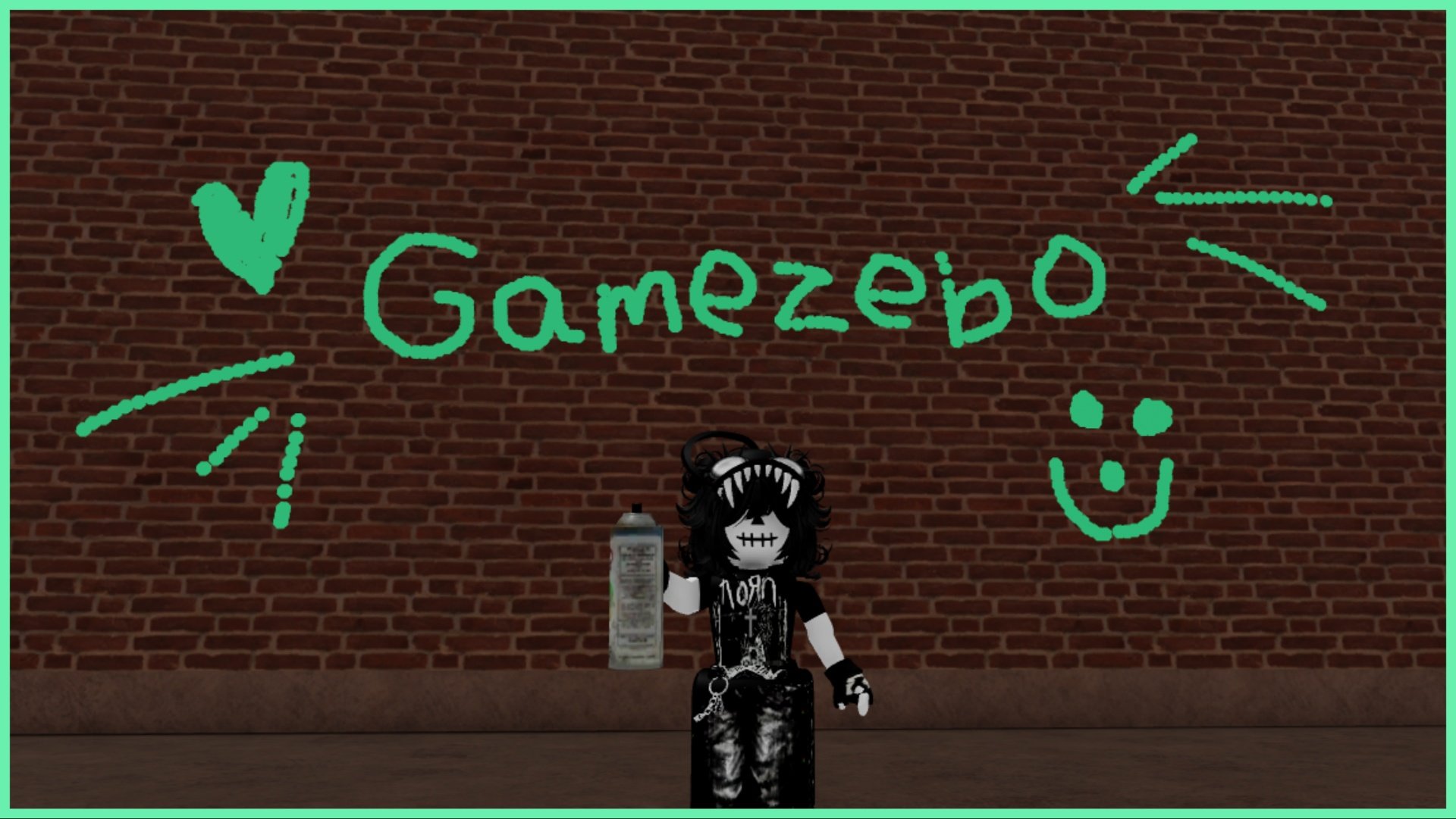 the image shows my avatar stood before a brick wall with a green spray paint mural behind her which says "Gamezebo" with a series of hearts, sparks and a smiley face.
