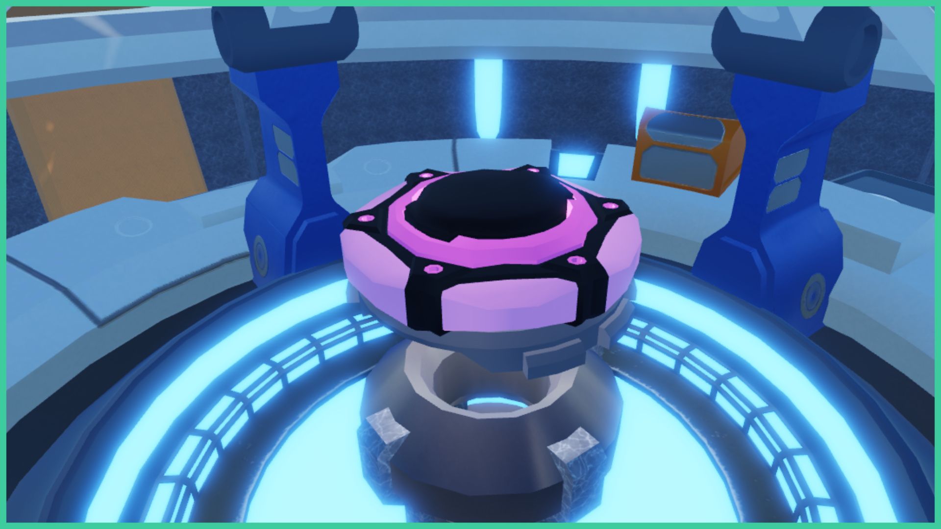 feature image for our bladers rebirth codes guide, it's a screenshot of the blade customisation screen, with a beyblade in the middle being held in place by a robotic mechanism with a glowing base