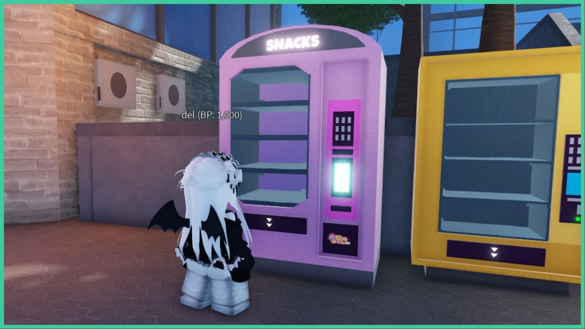 feature image for our bladers rebirth spirit tier list, it's a screenshot of a roblox player standing in front of a pastel pink vending machine that has a lit up sign that reads snacks, yet the machine is empty, there is an empty yellow vending machine to the right of it