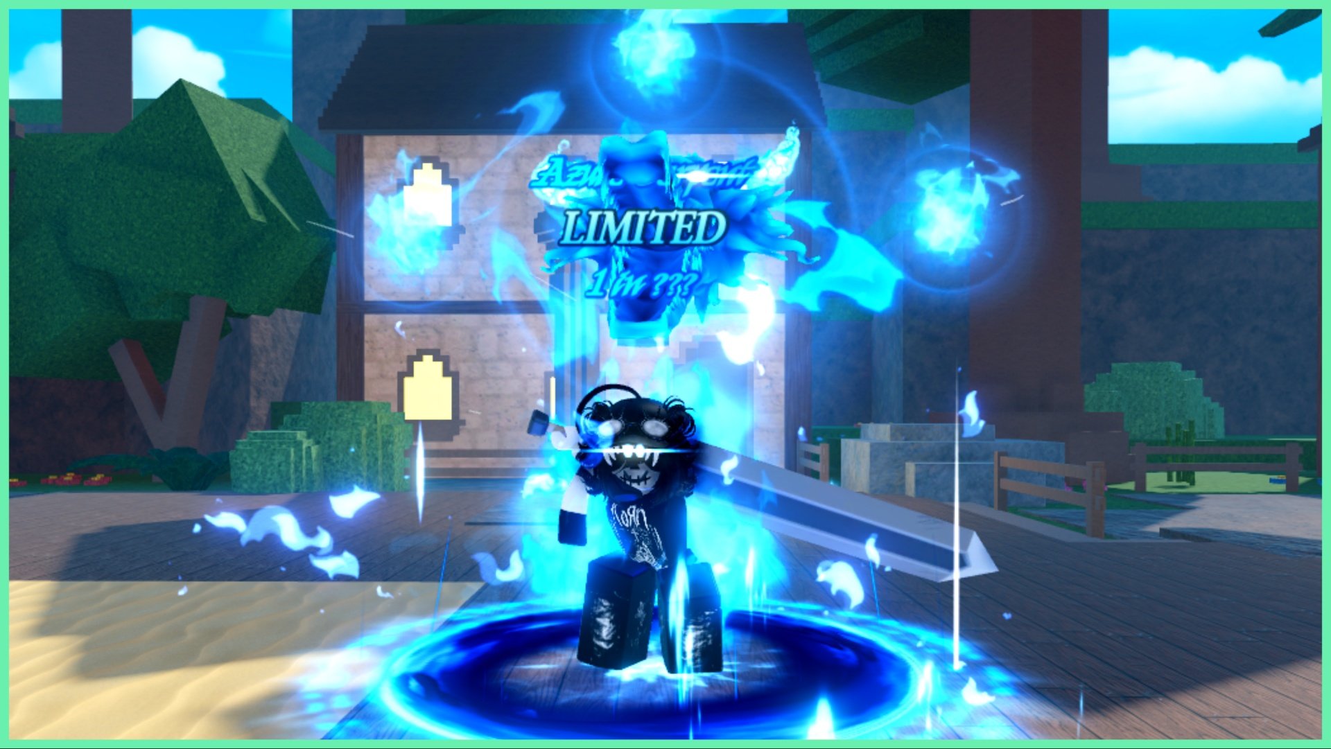 The image shows my avatar in a crouch with a large claymore blade behind her in an "ready to attack" pose. Surrounding her feet are deep blue swirls aura which spit into the air into little blue orbs and finally a massive blue dragon head behind her