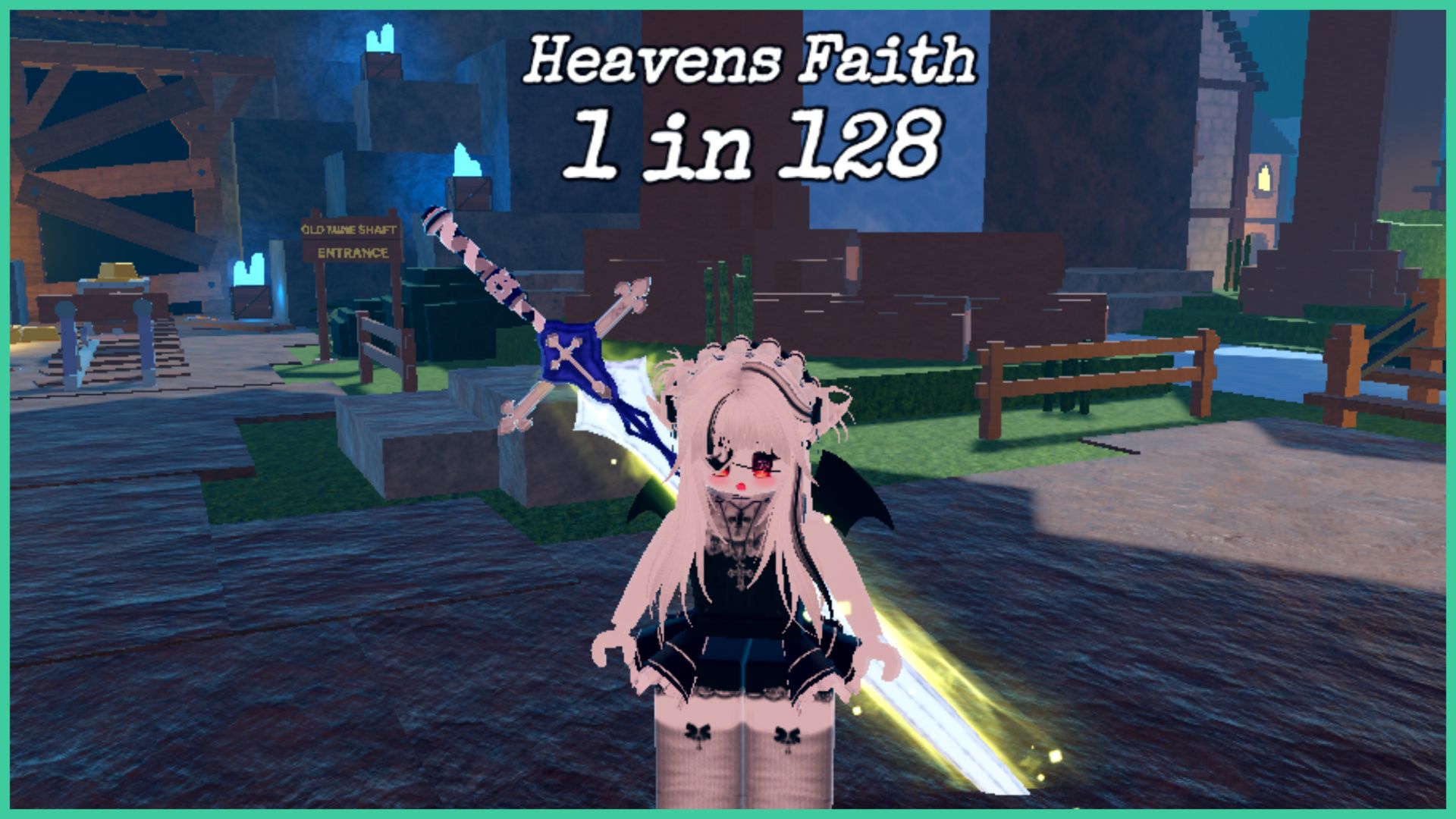 feature image for our blades of chance quests guide, the image features a screenshot from the game of a roblox player with the heavens faith sword strapped to their back , which has a yellow glow around it as they stand close by to a closed mine boarded up with wooden planks