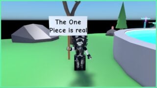 body swap forever image showing my avatar (as herself) holding a sign saying THE ONE PIECE IS REAL
