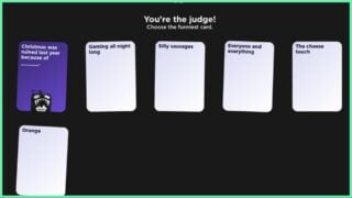 crazy cards image showing my avatars head over a purple card as the judge for this round. Beside the purple card marked with a prompt is a bunch of white cards with text to fit the prompt and win the point