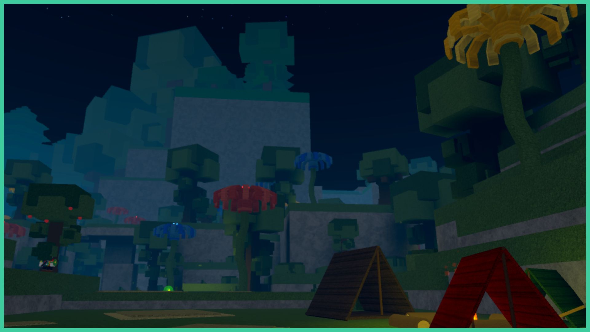 feature image for our critical revengeance classes guide, the image is a screenshot of a campsite in the forest with giant flowers towering over the hills and a glowing slime mob in the distance, with cliffs in the distance and stars sparkling in the sky