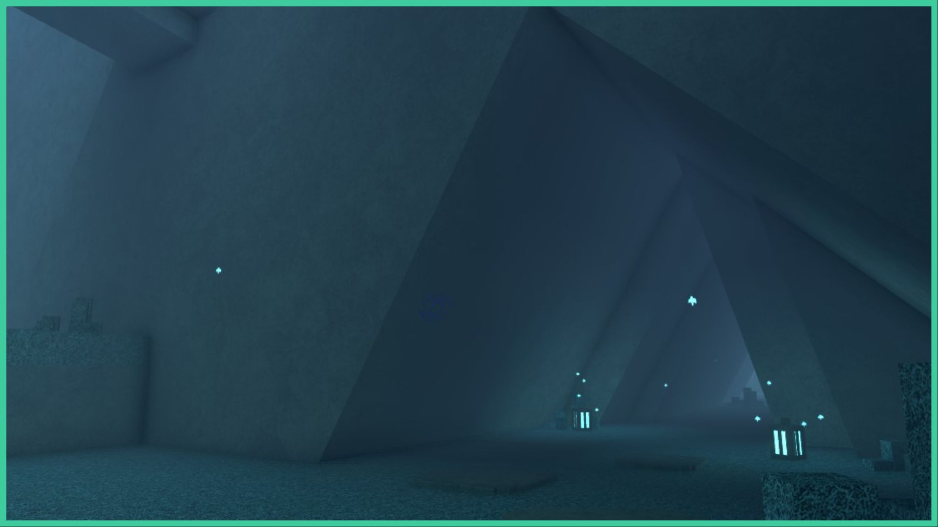 screenshot of a triangular tunnel that stretches onward, with floating lights, and glowing blue lanterns on the ground