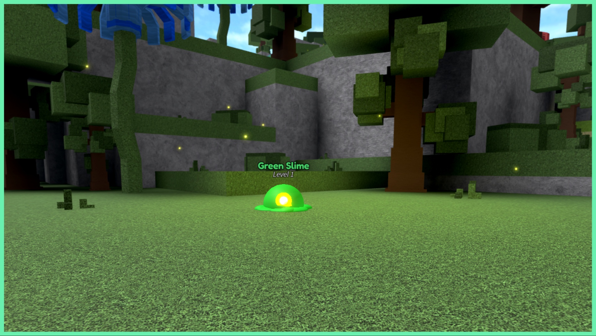 the image shows the greenery of area 1 with trees and hills in the background. Central to the game screenshot is a green slime which has a lime green glowing core around its gelatinous outer shell