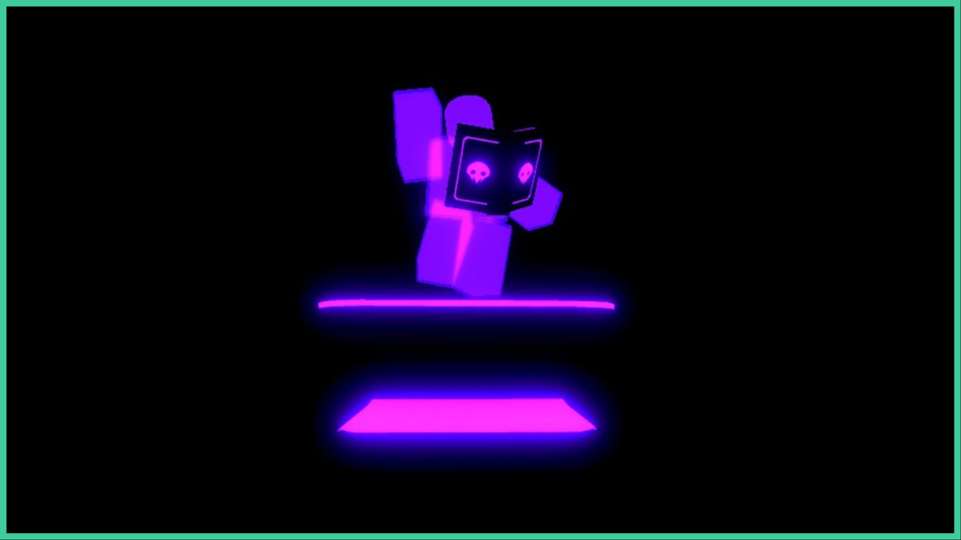 the necromancer statue that glows purple against a black background for our critical revengeance necromancer guide, the statue is of a roblox character silhouette with a floating book in front of them that has skulls on it as they stand on a platform