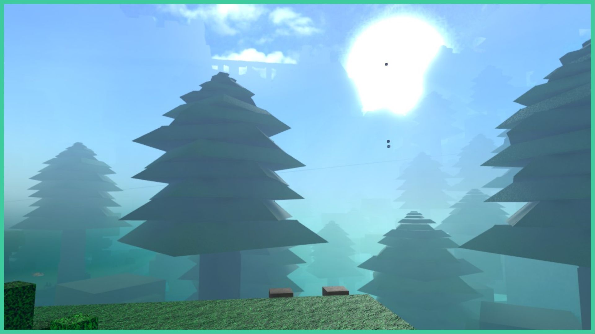 screenshot of the forest of stone in critical revengeance, as the large sun shines over the silhouette of the cliffs, with a faint silhouette of a bridge, in the forefront there are pine trees that stand stall in the forest, with mist gathering around the trunks. From where the player is standing, you can see the top of a ladder that leads down the hill