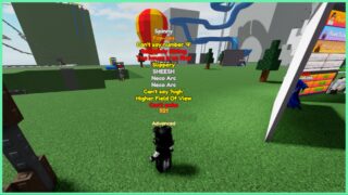 image shows my avatar with a giant list of curses whilst on the main grassy island of the game with visible minigames in the background