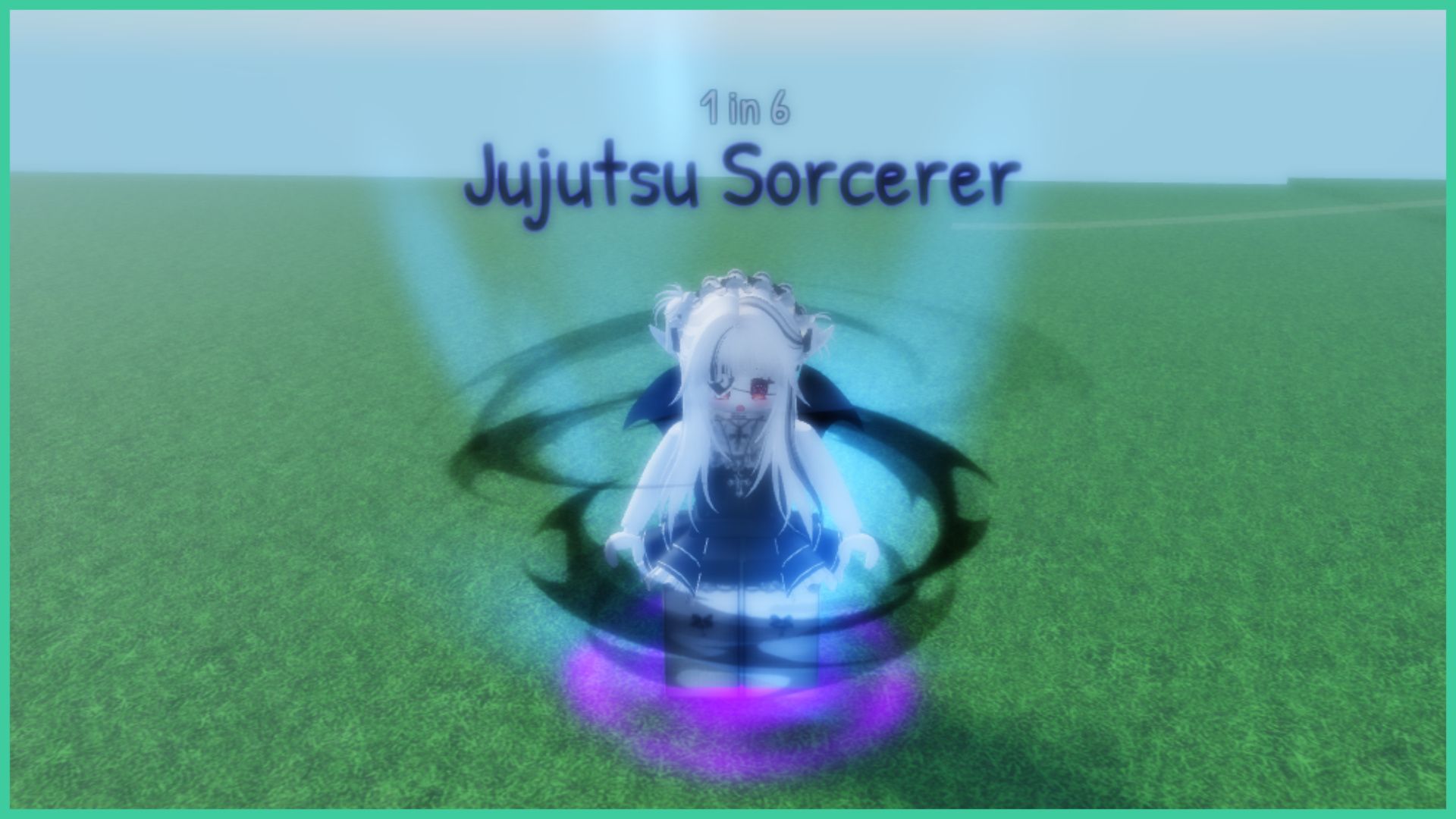 feature image for our cursed rng codes guide, the image is of a player with the jujutsu sorcerer aura equipped as they stand on some grass, the aura has a black mist swirling around the player, as a purple mist swirls around their feet, '1 in 6 jujutsu sorcerer' is written above their head