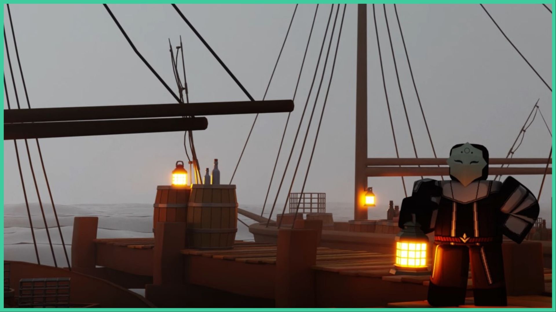 feature image for our deepwoken vibrant gem guide, the image is a screenshot from the game's trailer of a masked individual holding a glowing lantern while standing on a dock, with some boats stationed nearby, there are wooden barrels and small metal cages, as well as a couple of lanterns lighting up the docks, as grey mist fills the sky over the water