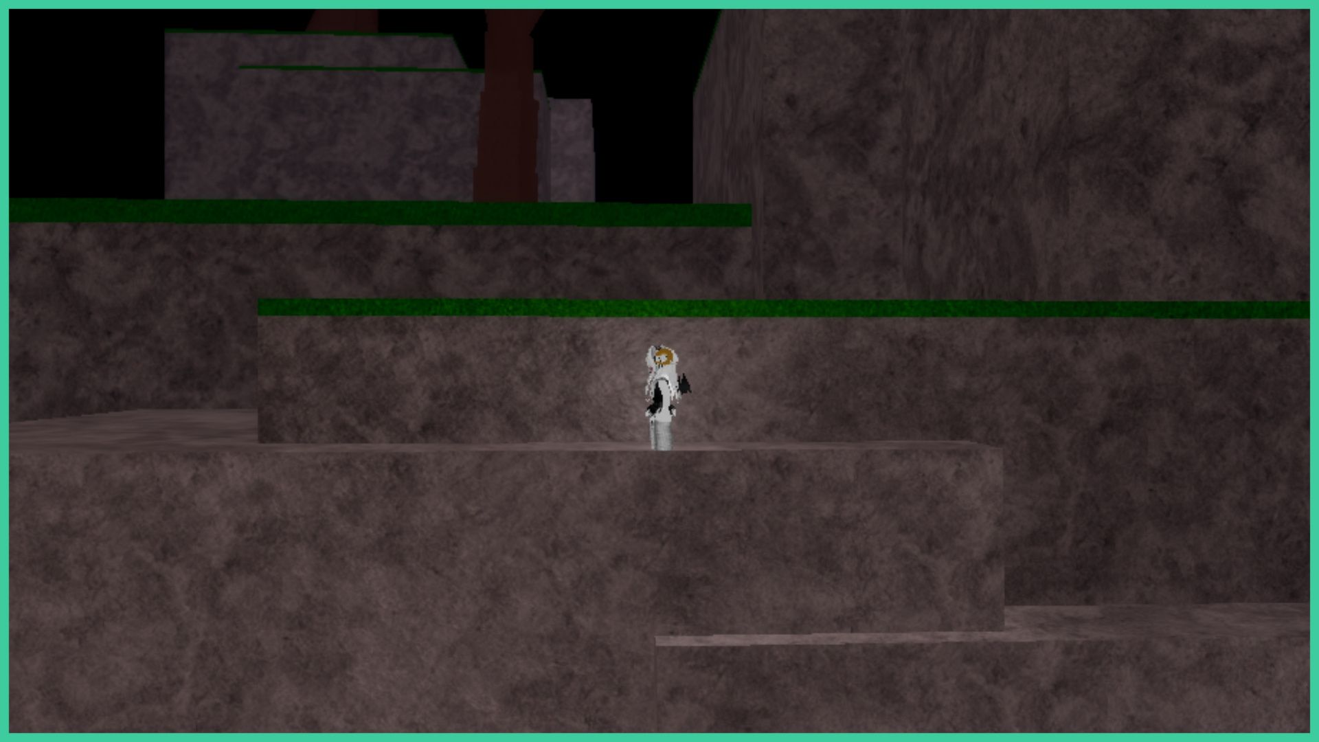 screenshot of a roblox player walking across a cliff platform that leads up to 2 other platforms with the trunk of a tree cut off by the border of the image, it's a feature image for our demon piece accessories tier list