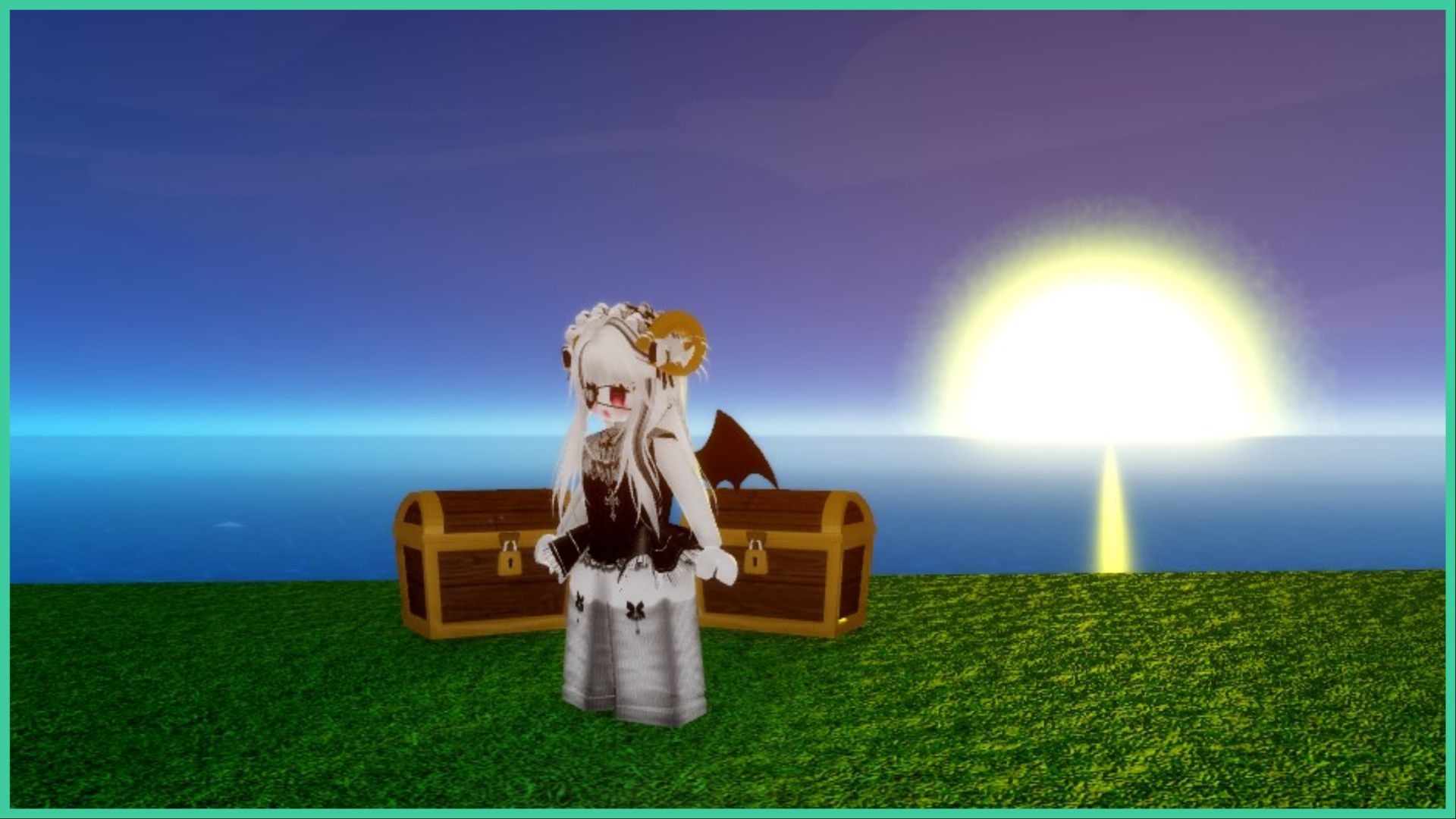feature image for our demon piece best accessories guide, the screenshot shows a roblox player standing in front of two unopened treasure chest as a large sun rises over the ocean, glowing yellow, and casting a beam of light across the water