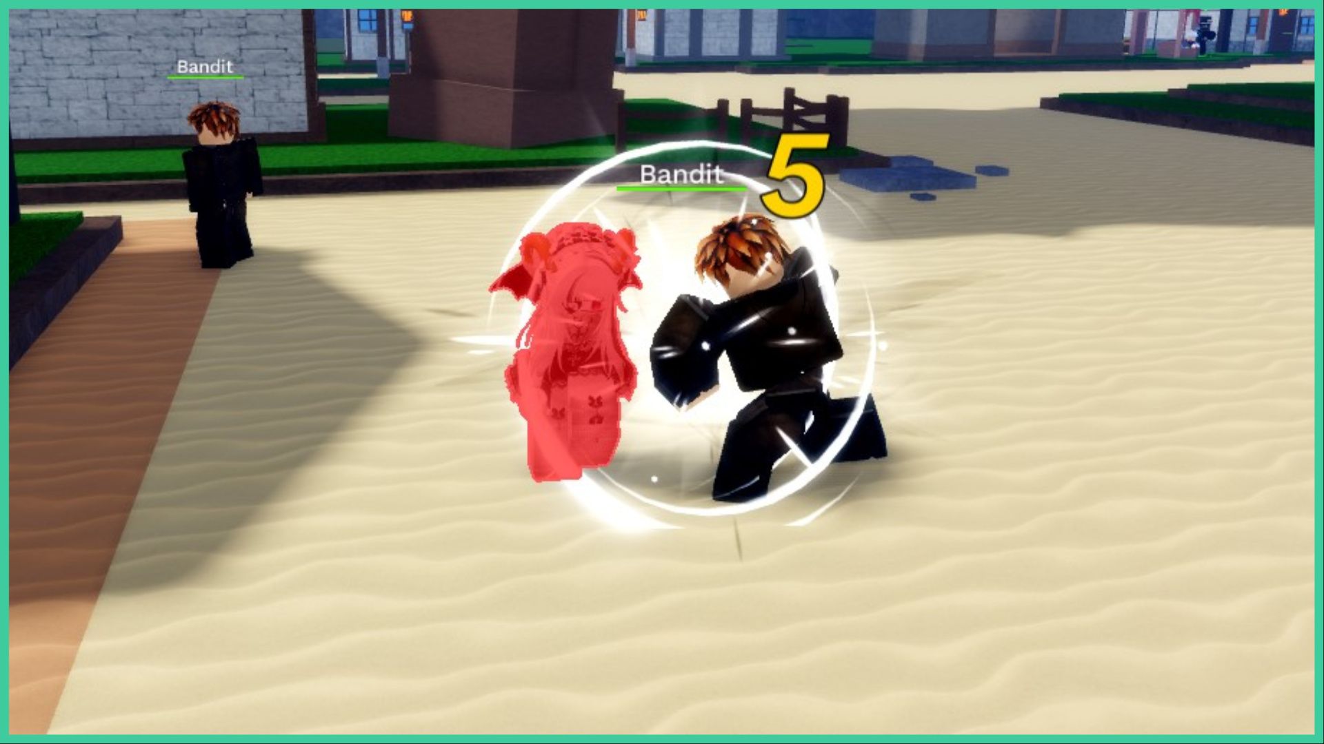 screenshot of a roblox player being attacked by a bandit in the first town hub, the player has a red filter over them to indicate that they've taken damage, there is another bandit standing close by but looking to other way
