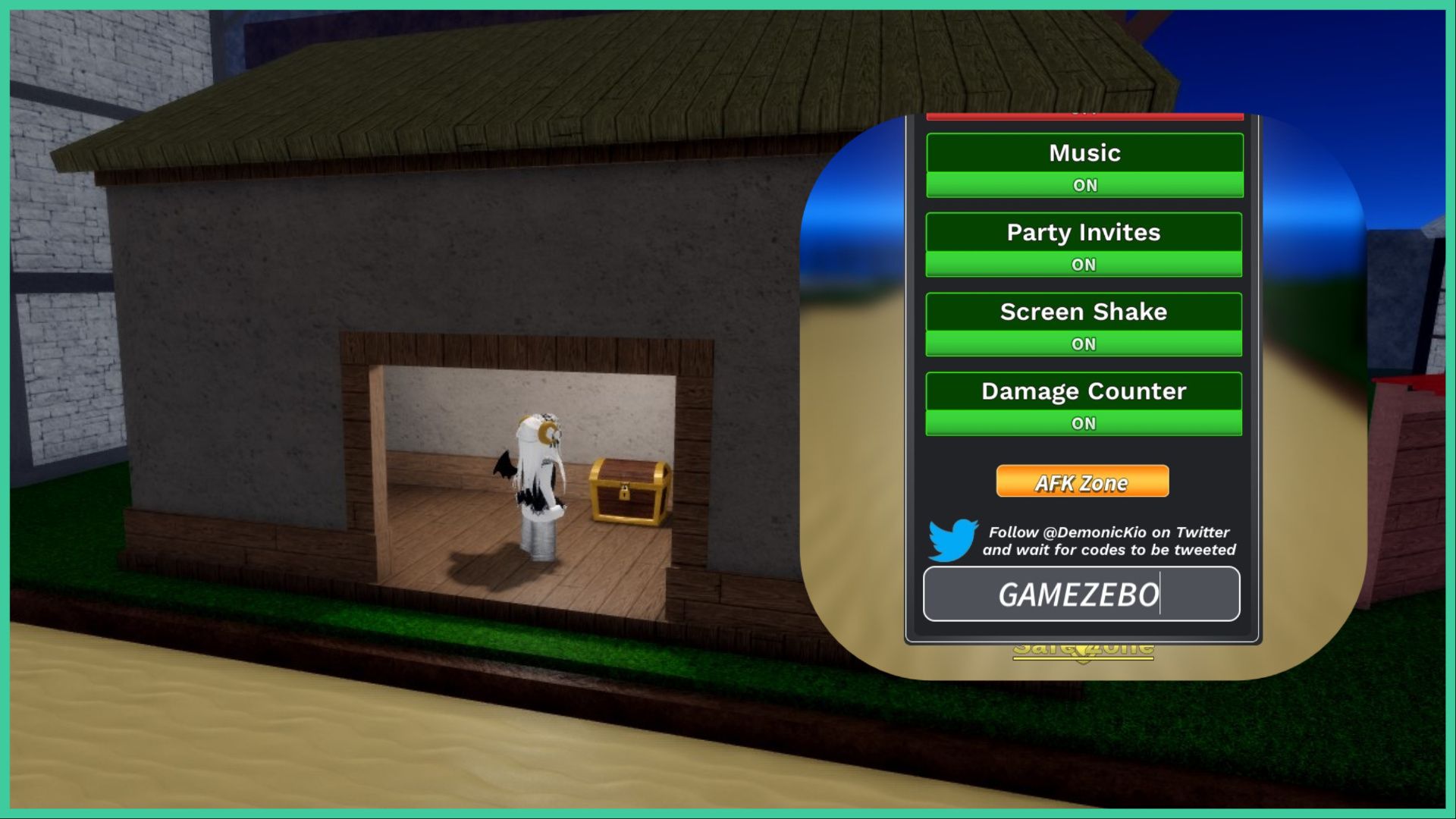 feature image for our demon piece codes, the image is a screenshot of a roblox player standing inside of a small building with a treasure chest inside, there is also a small screenshot added on top of the settings window that has the code redemption box filled out with the word 'gamezebo'