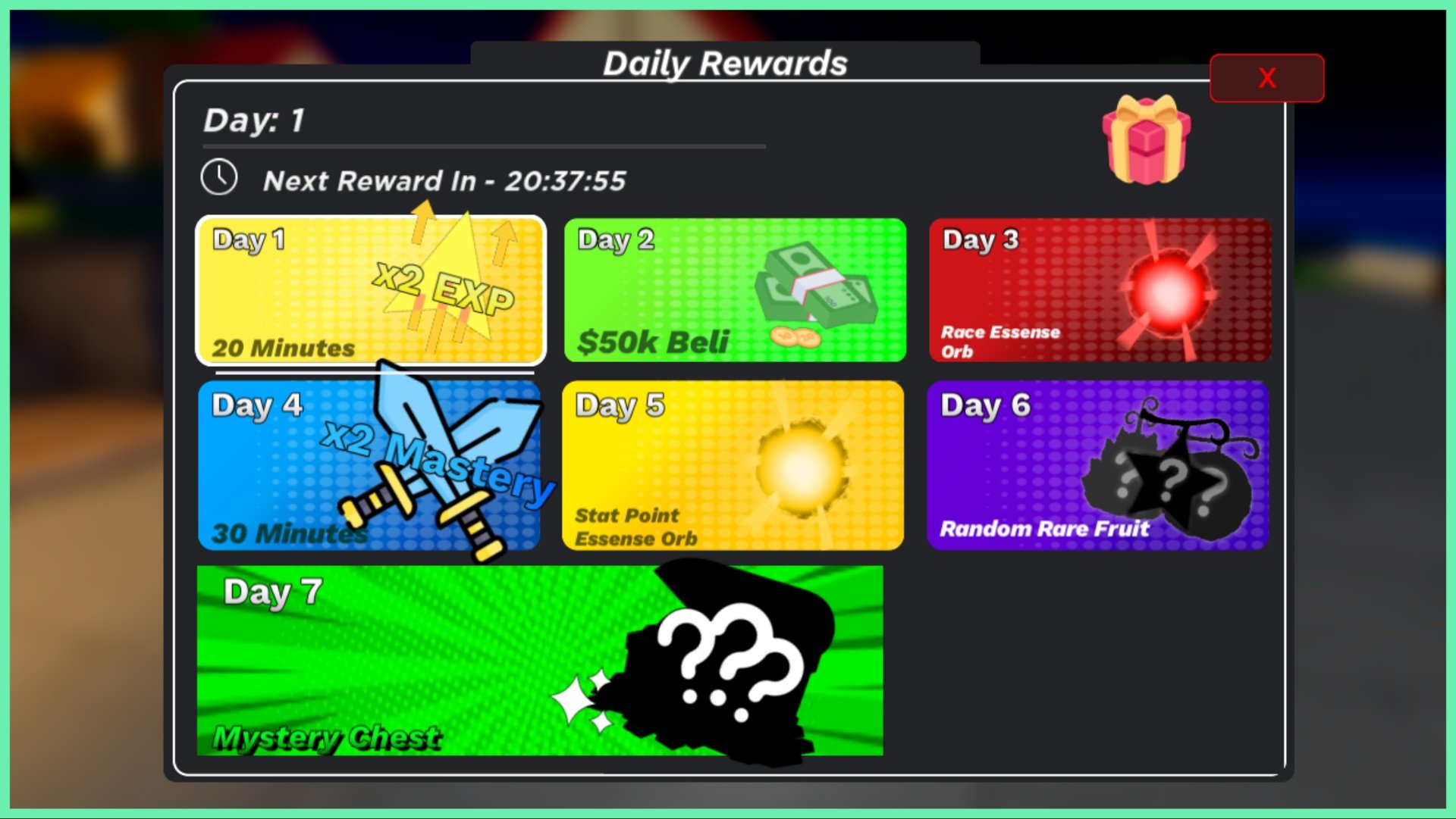 Feature image for our Demon Piece Daily Rewards guide showcases the daily reward page from within the game. The popup is a black box with multicoloured segments each showcasing the daily rewards amongst the reward name and a small PNG to represent it