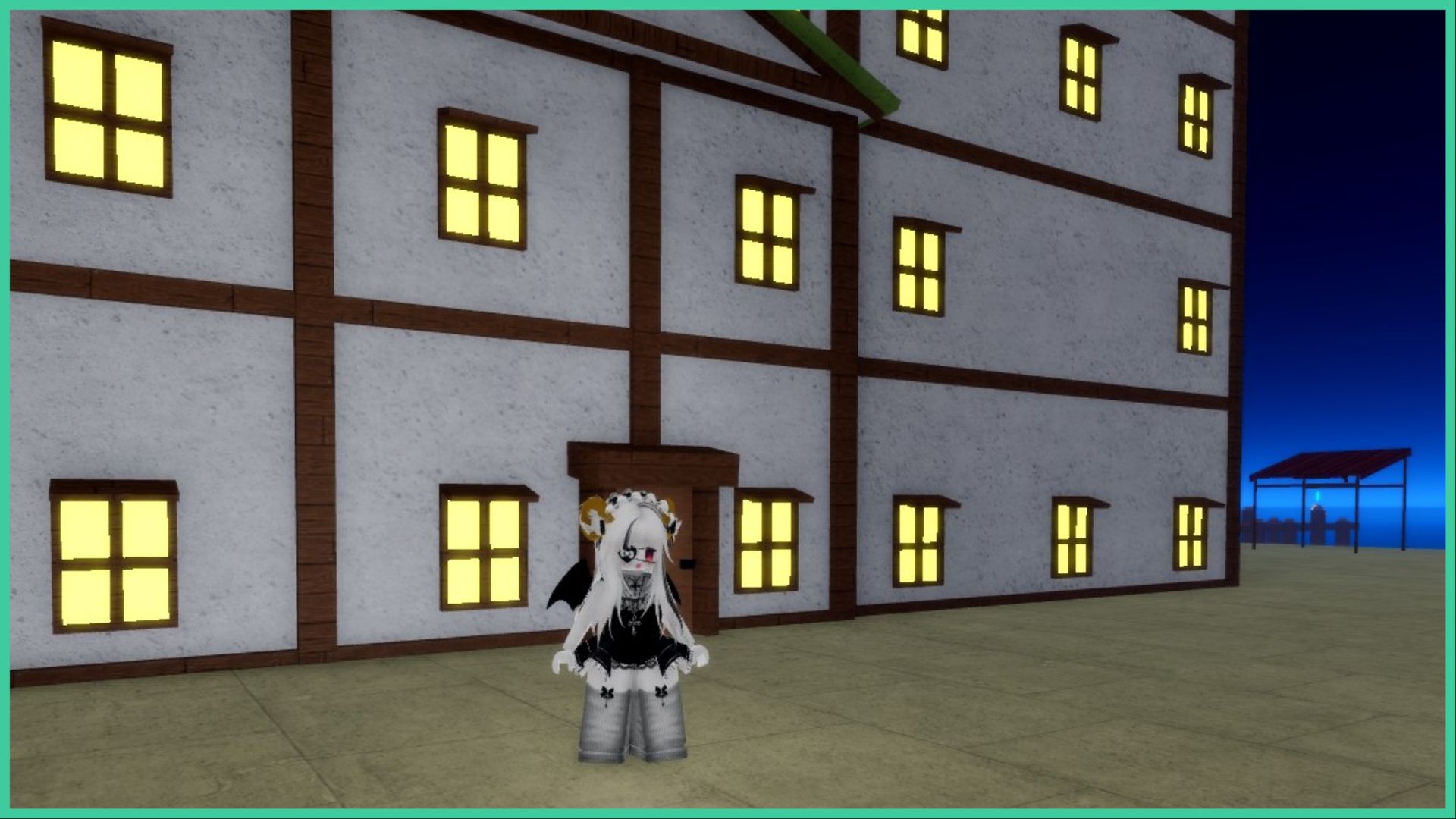 feature image for our demon piece fruit guide, the image is of a roblox player with ram horns standing in front of a building with multiple windows, all of which have the lights on inside, you can slightly see the ocean in the distance to the right and a shelter that is built close to the docks
