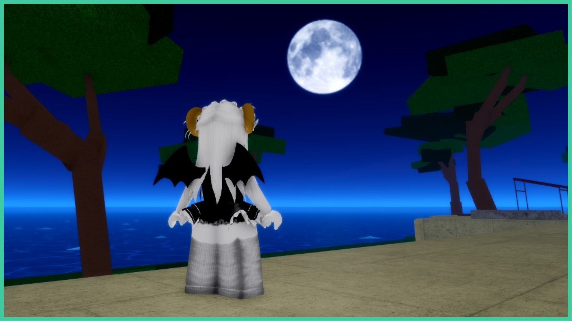 screenshot of a roblox player with ram horns looking out over the ocean at night as the moon rises in the sky and a white mist coats the sea as it stretches out across the coast