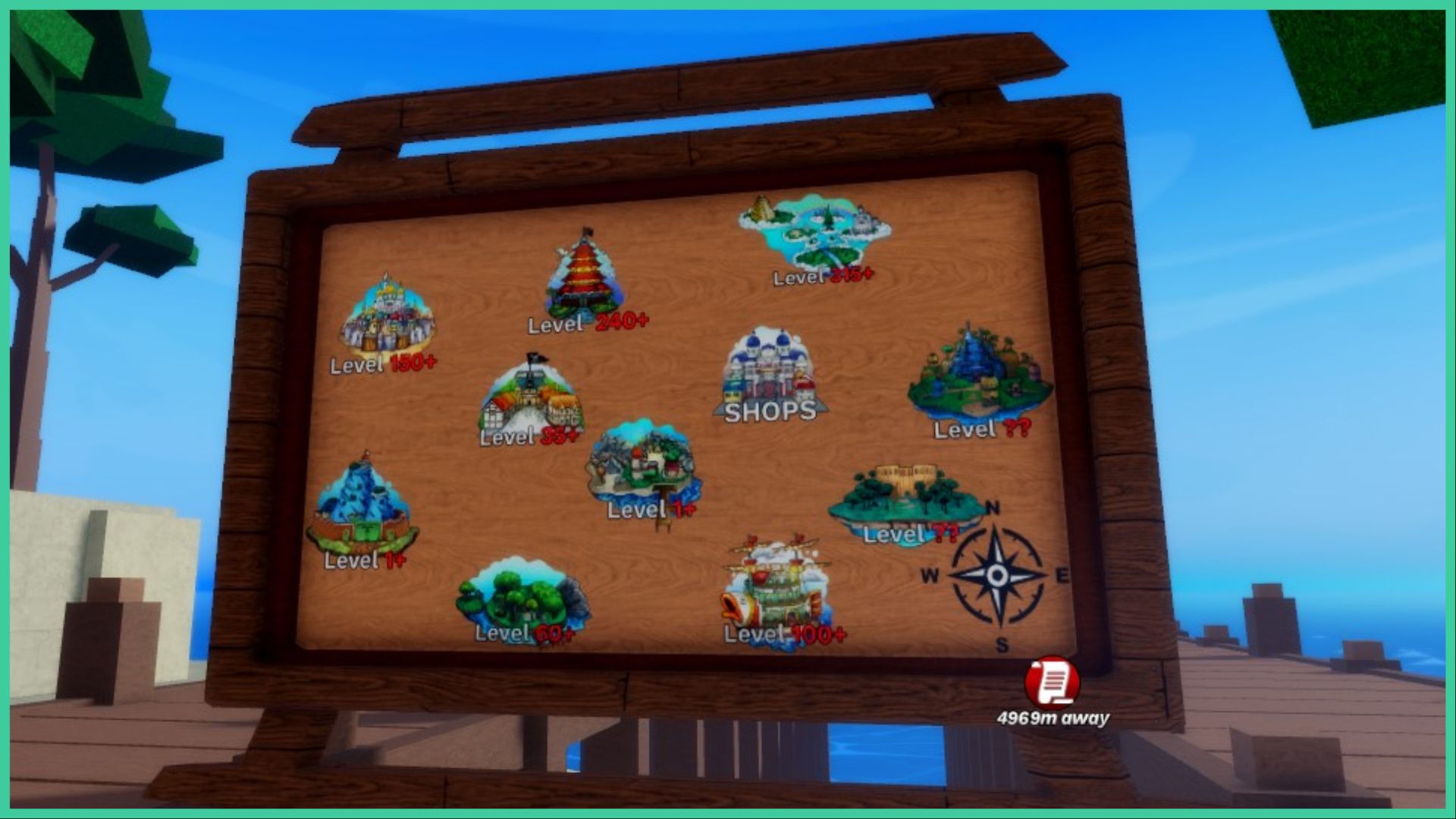 screenshot of the map board in shells town with drawings of each island on wood, and a compass in the bottom right of the board, each island drawing has a numerical level underneath it such as '1+ and 150+', behind the board is a wooden dock over the sea