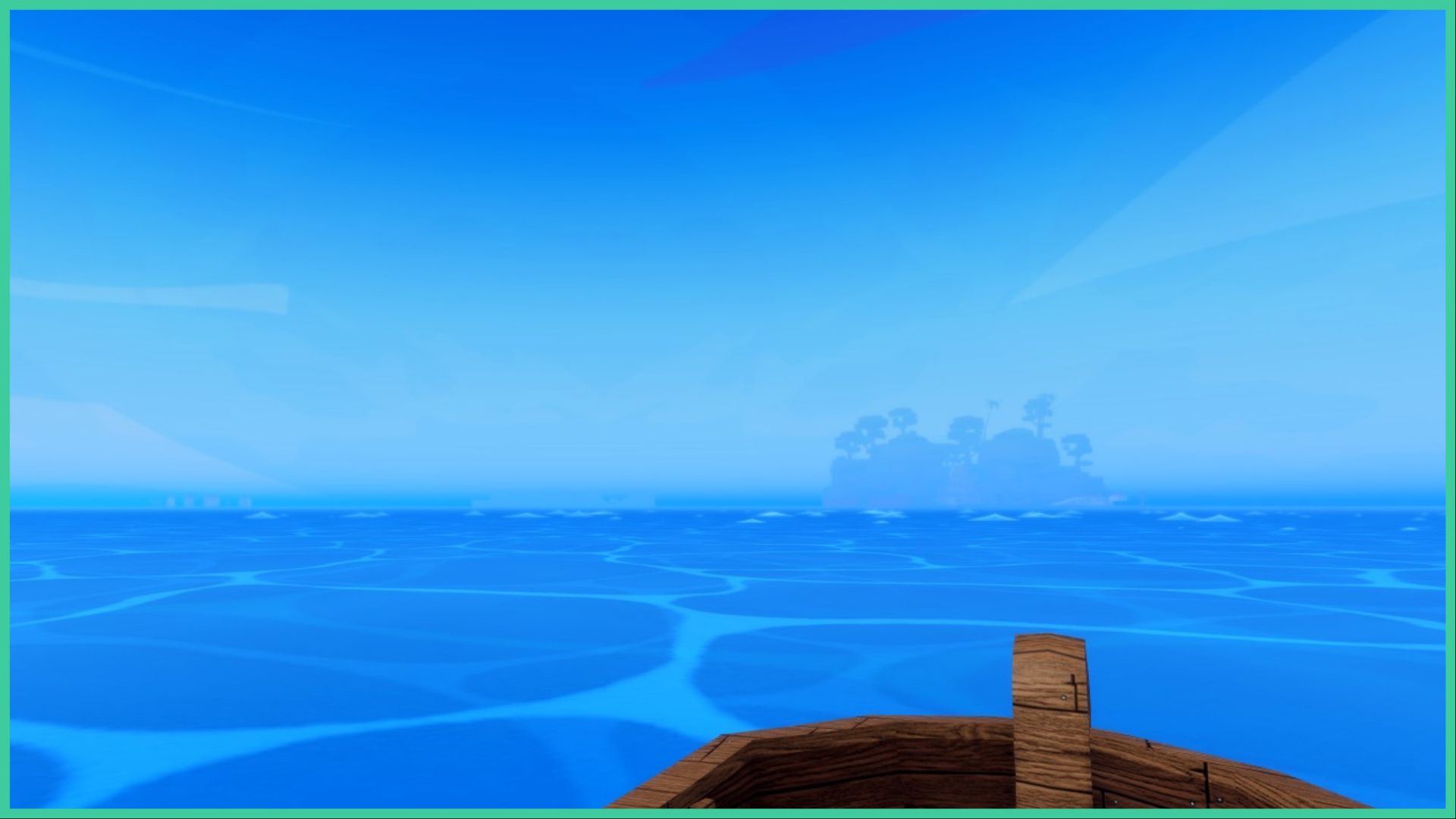 feature image for our demon piece kuma guide, the screenshot is from a POV inside a wooden boat that is sailing across the blue ocean as it heads towards a misty island far away