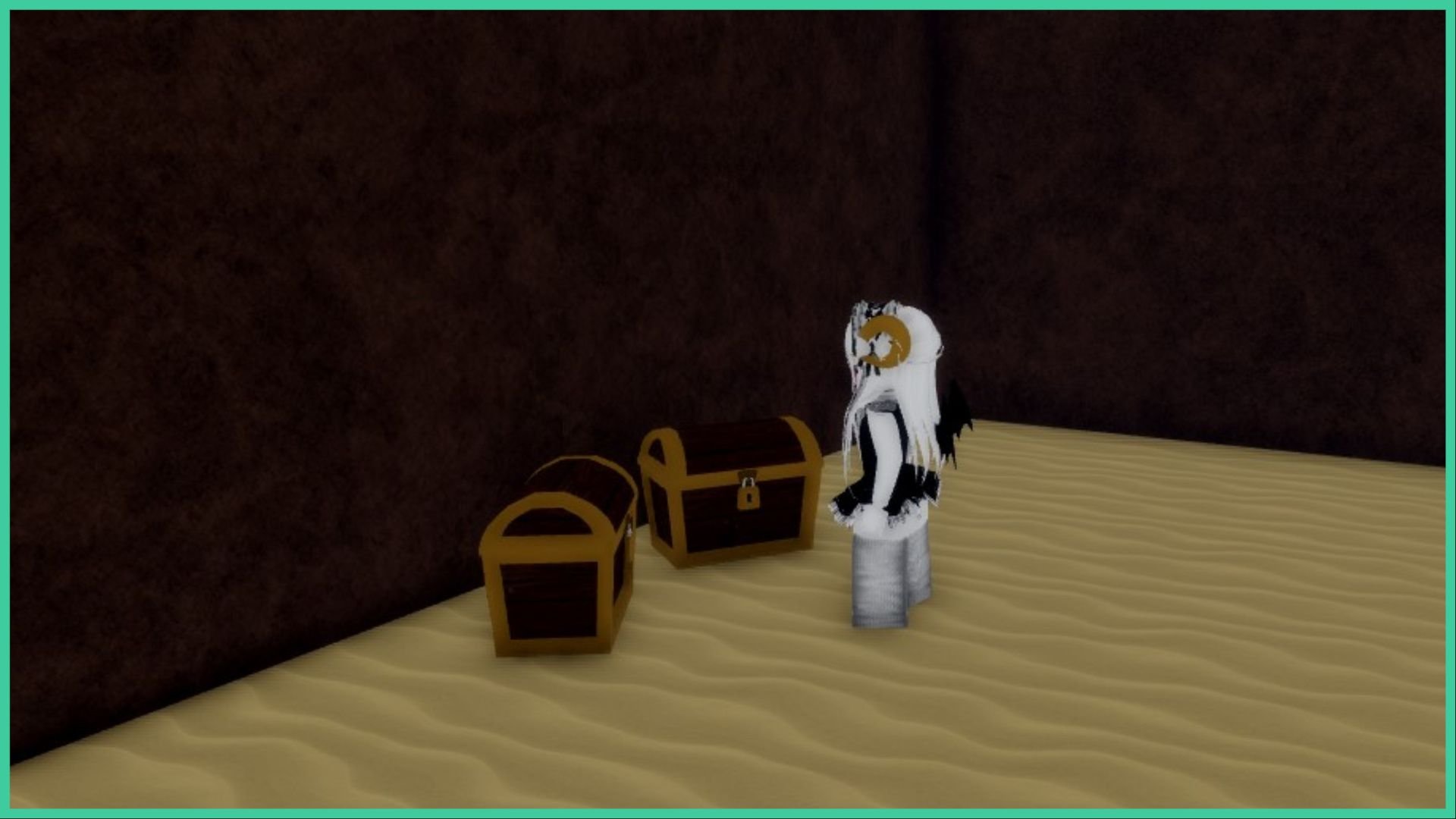 screenshot of a roblox player standing in front of two treasure chests on the sand inside of a cave for our demon piece race tier list