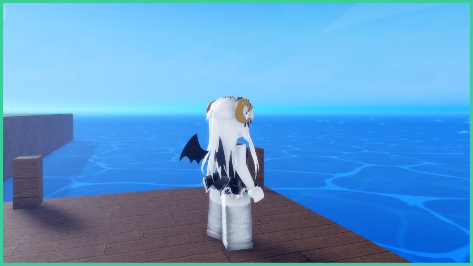 feature image for our demon piece races guide, the image is of a roblox player wearing bat wings and ram horns standing on a wooden deck overlooking the ocean
