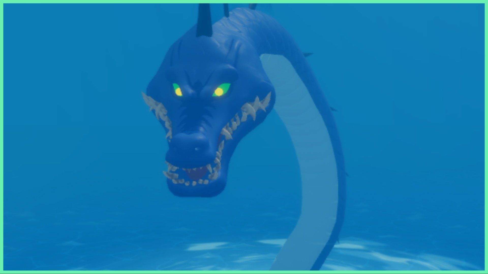 Feature image for our Demon Piece Raids Guide showing a blue sea dragon boss which has a snarly toothy open-mouth stare and unnerving green glowing eyes as it poked out from the ocean