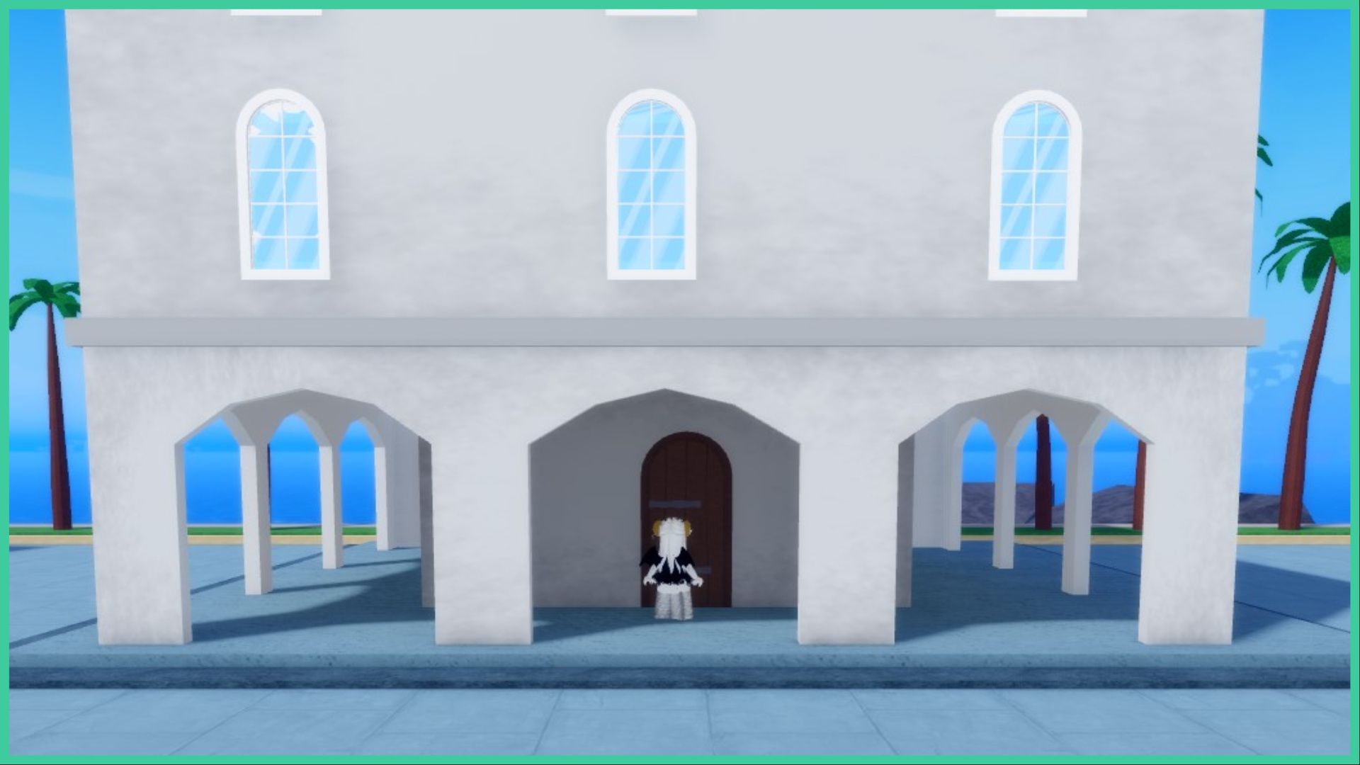 feature image for our demon piece sea dragon guide of a screenshot of a roblox player standing at the door of a building which has pillars to support it, raising the building up above the ground, there are palm trees behind the house