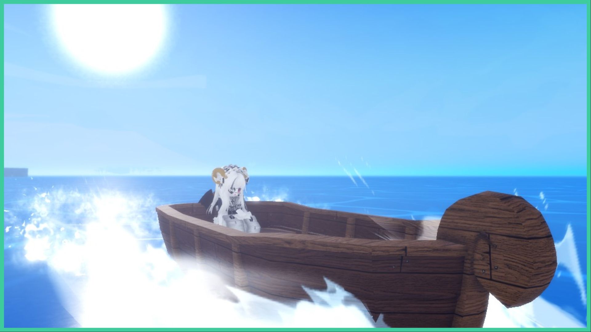 feature image for our demon piece soru guide, the roblox player is sitting inside of a wooden boat as it moves across the ocean with the water splashing up the side of the boat as the sun glows in the pale sky