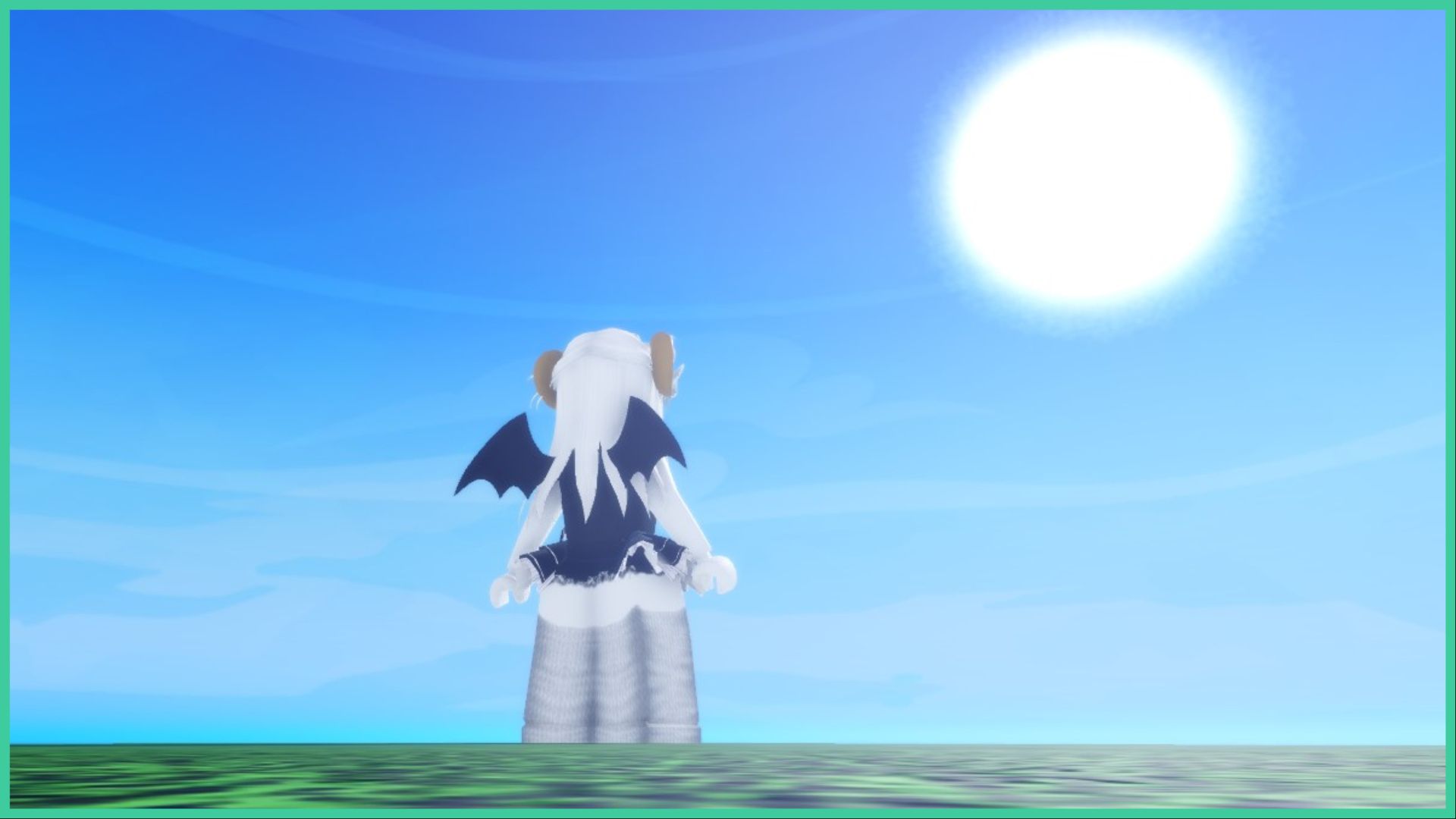 feature image for our demon piece weapons tier list, the player is looking out at the rising sun as it glows high in the sky as they stand on some grass, there are some faint clouds across the blue sky