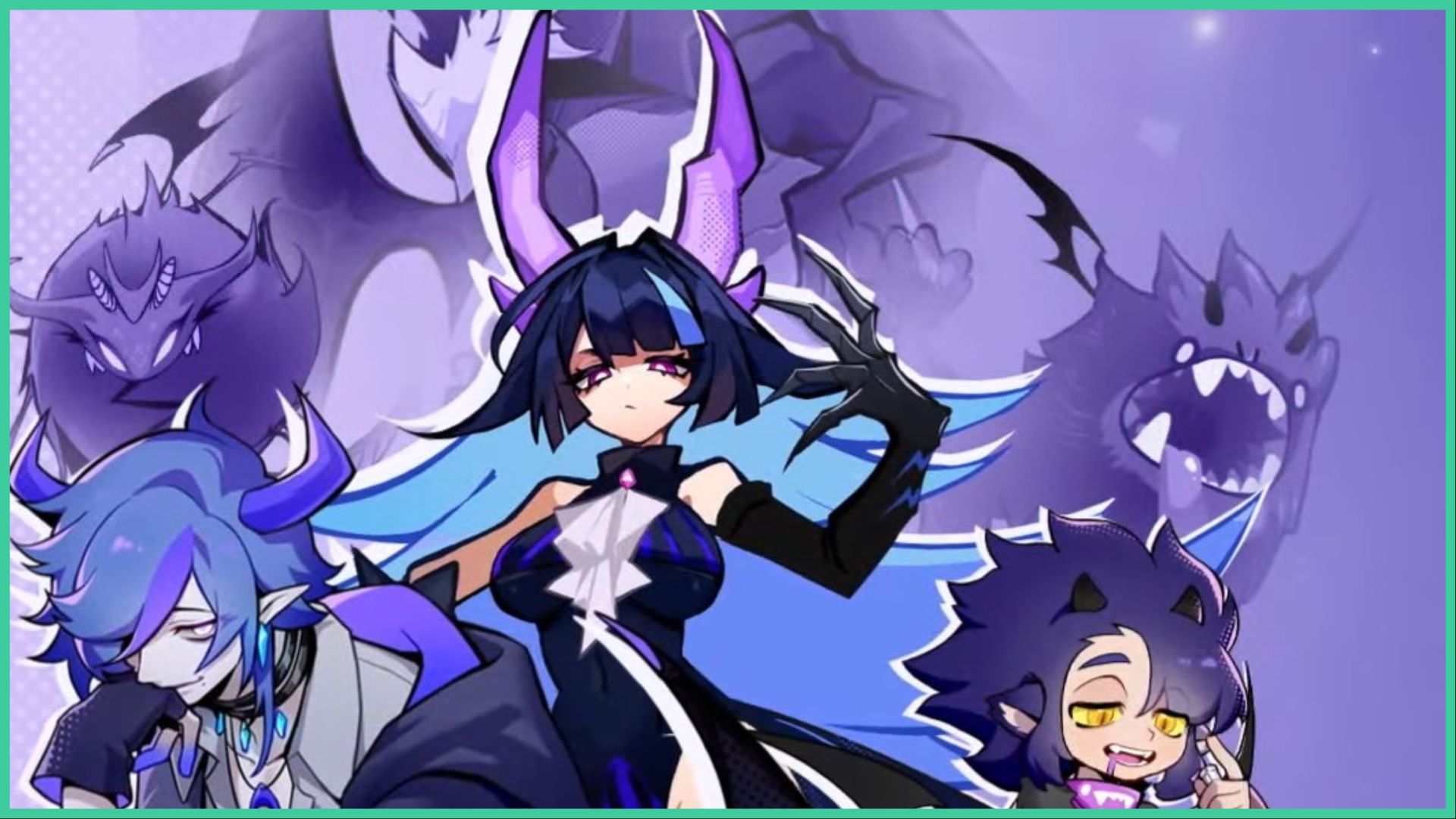 feature image for our dragon pow codes guide, the image features promo art for the game with anime-style characters. A girl with claws and large purple horns, with a male character sat down in front of her resting his head on her hands, he also has horns, and a smaller troll-like character with messy hair, animal ears, and small black horns, there are drawings of purple monsters in the background
