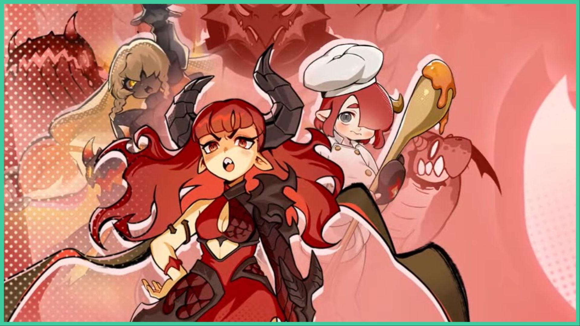 screenshot from the fafner trailer for out dragon pow tier list, the art is of the fafner dragon in her human form as she scowls and points her eyebrows downward, she has large curved horns, flowing red hair, and her armor has dragon scales, there is a character to her right with a surprised expression whilst wearing a chef outfit and hat, with a spoon in hand that has a liquid dripping off of it, there is also a faint drawing of a dragon behind them