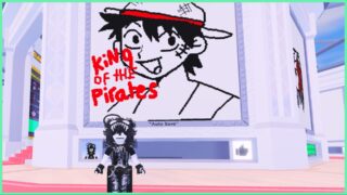 draw and donate image showing my avatar stood before a canvas which I drew of luffy from one piece with red text overtop of him reading king of the pirates