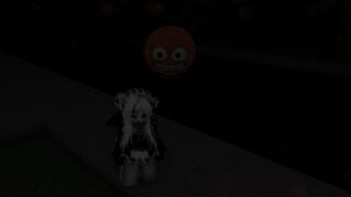screenshot from GEF on roblox as a player stands in the dark with a giant floating head with wide eyes and large teeth stretched into a grin as it approaches them to attack, this creature is a GEF, the enemy of the game