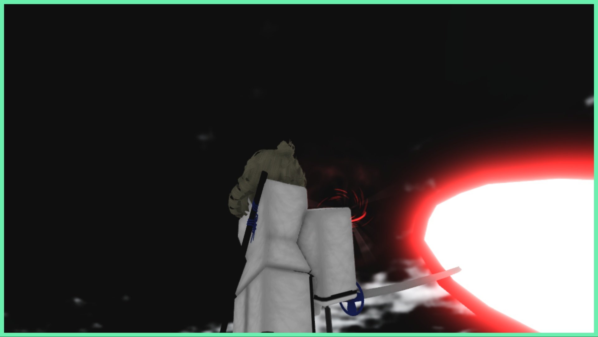 Feature image for our Gran Rey Cero Type Soul Guide which shows the back of an arrancar player wearing an all white outfit with grey hair down to their shoulders. They are firing the standard Cero move which is a red laster beam that emits from their front