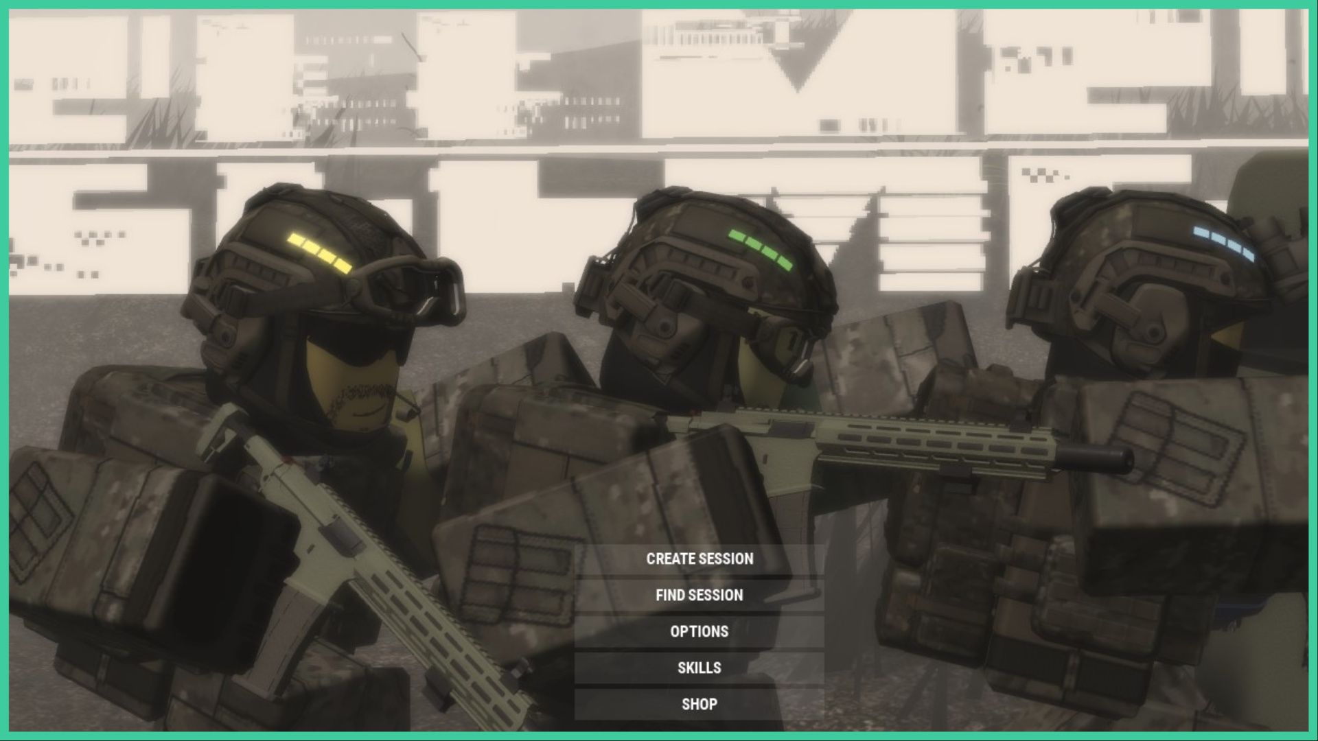 feature image for our hellmet codes guide, it's a screenshot of the main menu screen, with the game's title in large bold glitched letters at the top, with an overlay image of three roblox characters in camo, with helmets, and holding guns looking to the right