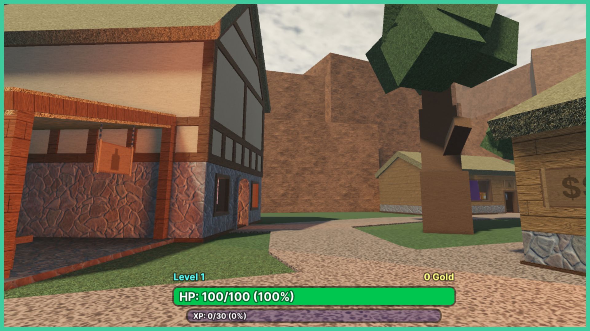 feature image for our how to get periastrons in periastron stars rpg guide, the screenshot is from the spawn point at the start of the game of 3 buildings within the town, dirt hills in the background and a tree, the 3 buildings look to be shops, with one having a sign with a bottle and the other having 2 dollar signs