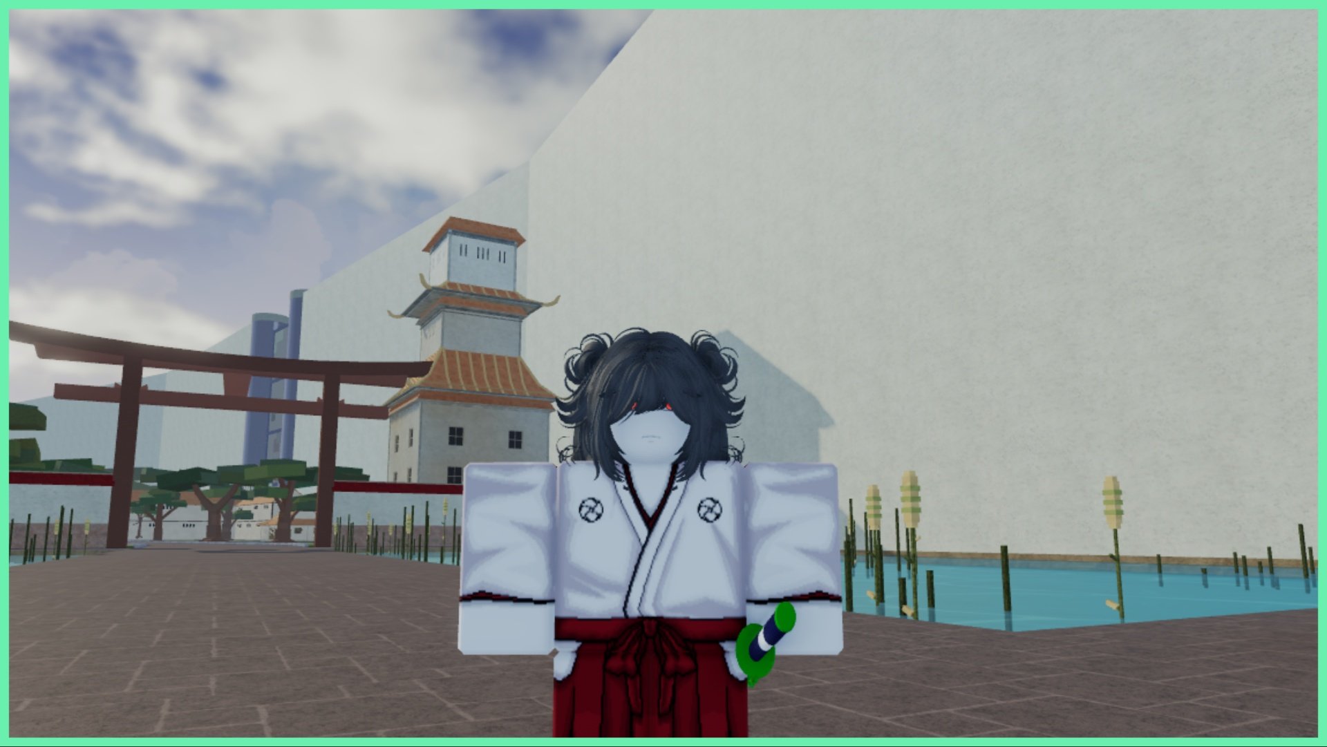 The image shows a straight on view of my avatar who has dark grey hair and subtly glowing red eyes under her bangs. She is wearing a white robe with red pants and has a katana equip to her waist. Behind her is towering buildings and cattail plants poking through a pond