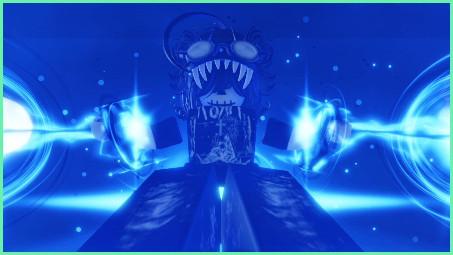 The image shows my avatar with the bounded aura which is masking the screen in a blue tint. The bottom up view of her shows her arms suspended to either side in the auras chains