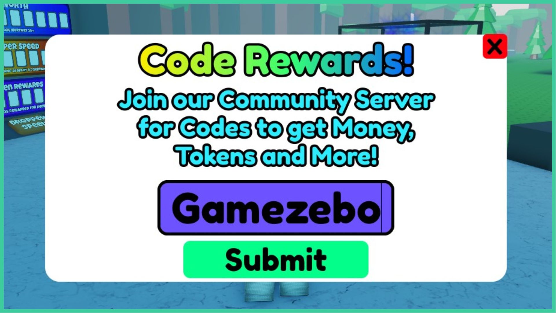 feature image for our idle miner tycoon codes guide, it's a screenshot of the code redemption box with the words 'code rewards! join our community server for codes to get money, tokens, and more', with a purple text box underneath with 'gamezebo' written inside, and a green 'submit' button, the pop up window can be closed via the red cross button in the top right of the box