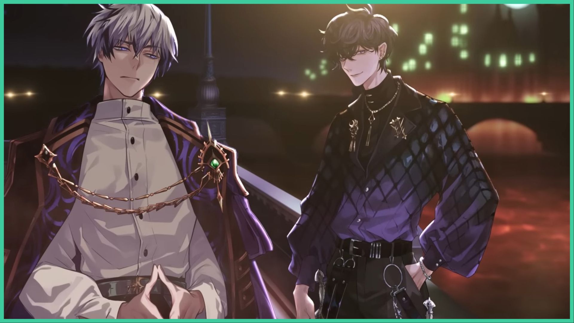 feature image for our ikemen villains cards guide, the image is a screenshot from the game's trailer, of 2 characters from the game standing by the river thames at night, as the streetlamps light up the river