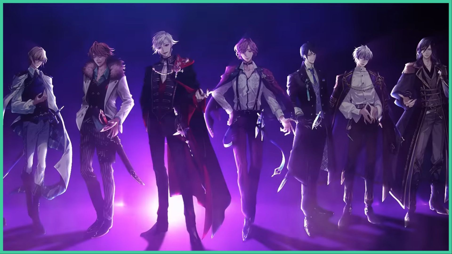 feature image for our ikemen villains escort guide, the image is a screenshot from the game's trailer of a wide shot of 7 of the villains from the game as they all stand together with a bright purple light shining behind them, all of them are wearing gothic-style regal clothing