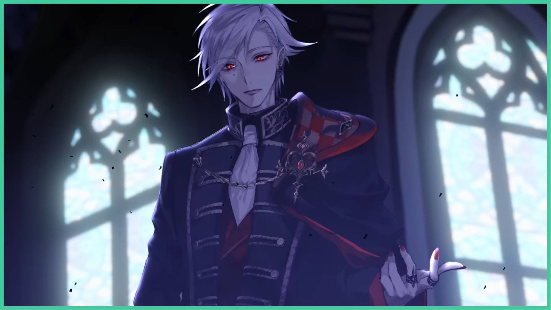 feature image for our ikemen villains william rex guide, it's a screenshot from the game's trailer of william rex standing in front of two windows outdoors as he lifts his hand up with red painted nails and rings, while wearing a cloak over his regal clothing, he has bright red eyes and messy white hair